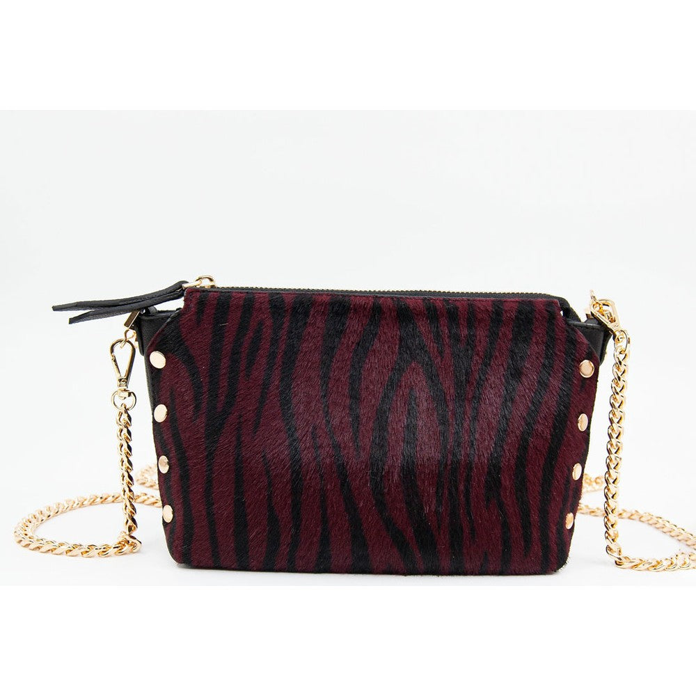 Bordo Kadın Zebra Baskılı Deri Omuz Çantası - LEATINN LEATHER WEAR
