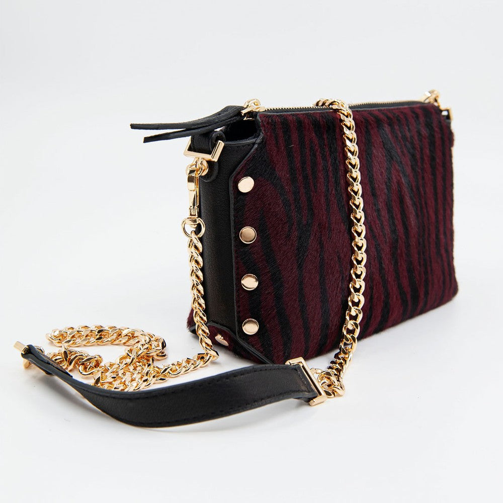 Bordo Kadın Zebra Baskılı Deri Omuz Çantası - LEATINN LEATHER WEAR