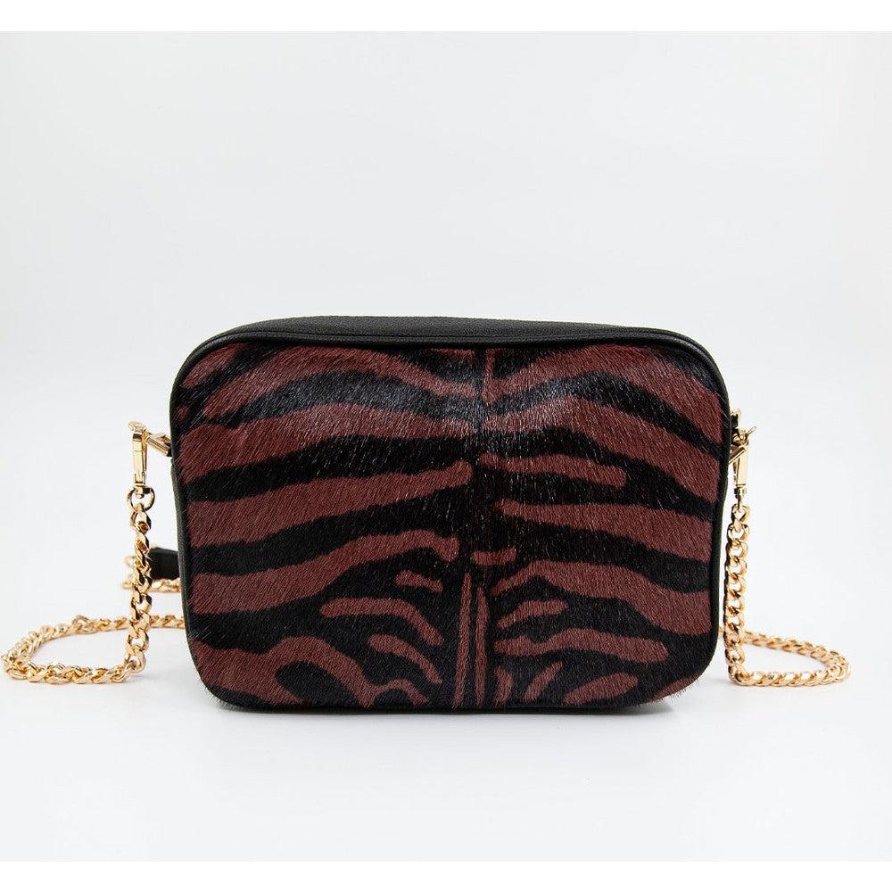 Koyu Kına Kadın Zebra Baskılı Deri Omuz Çantası - LEATINN LEATHER WEAR