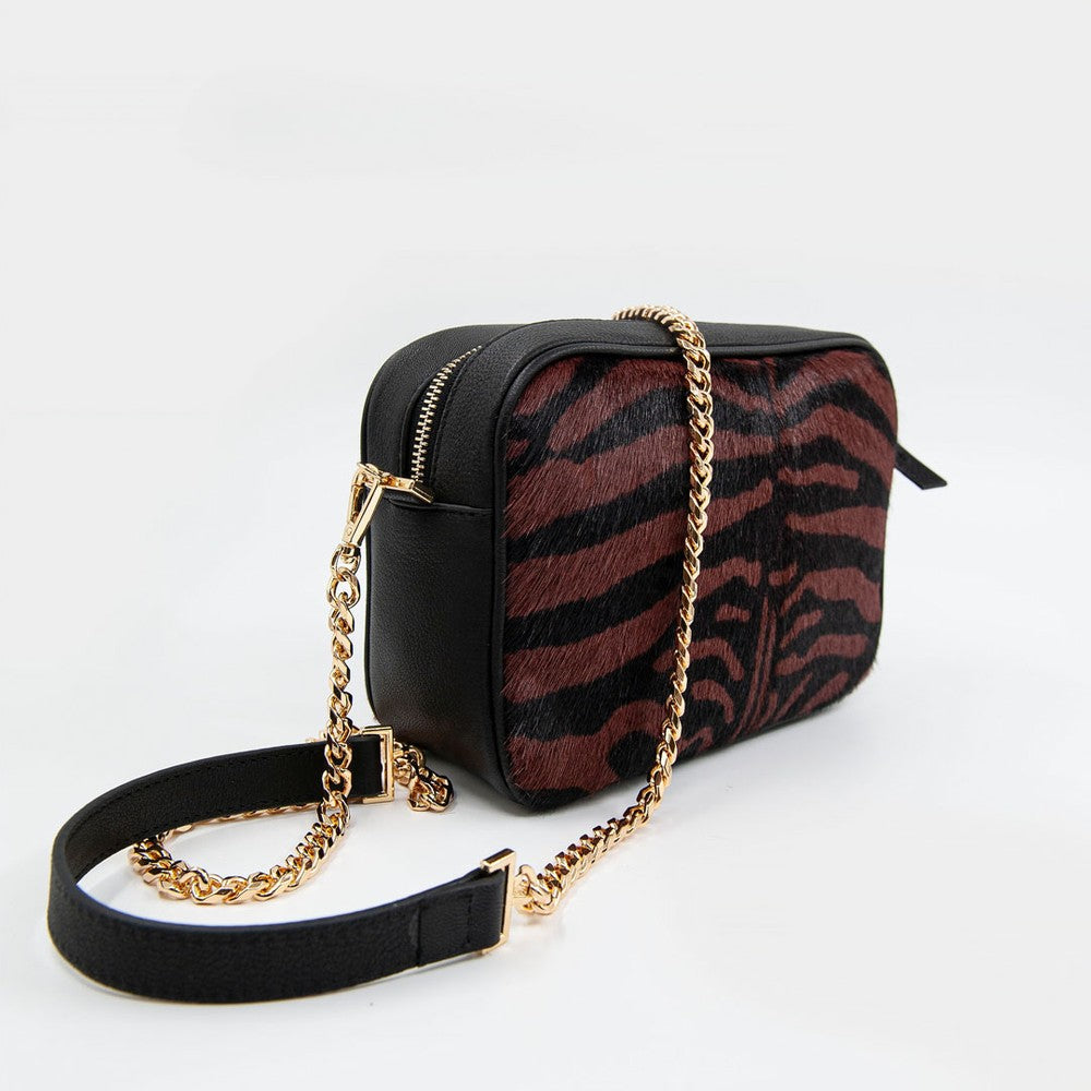 Koyu Kına Kadın Zebra Baskılı Deri Omuz Çantası - LEATINN LEATHER WEAR