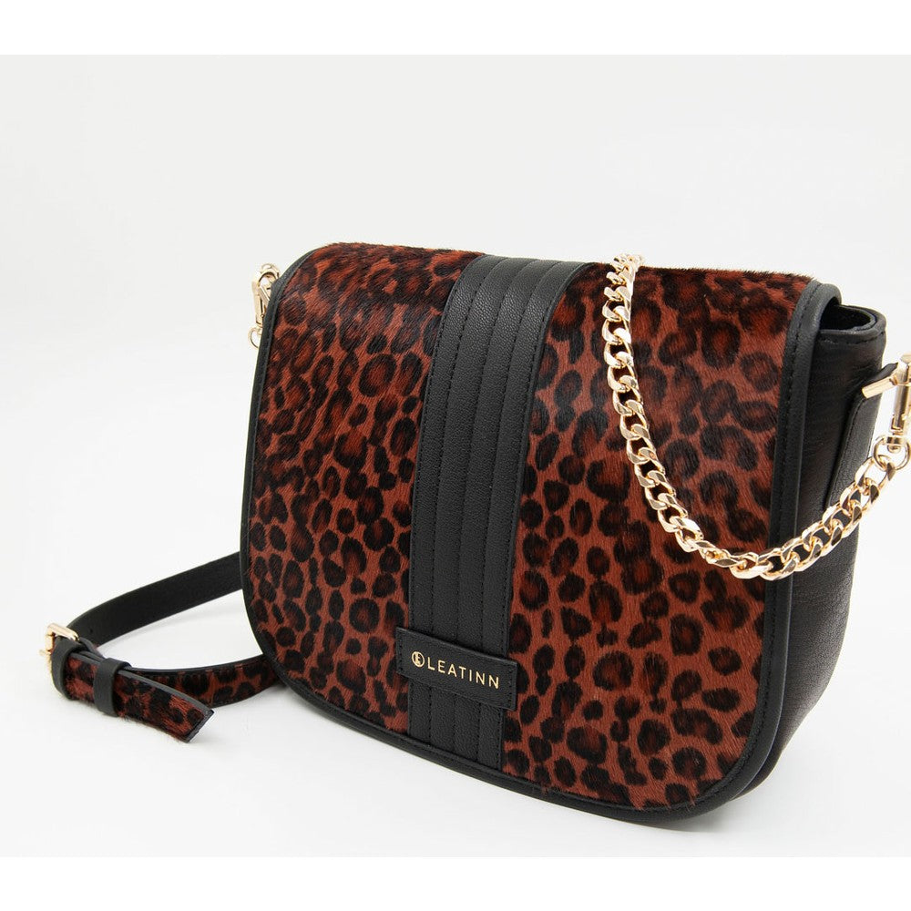 Koyu Viski Kadın Leopar Baskılı Deri Omuz Çantası - LEATINN LEATHER WEAR