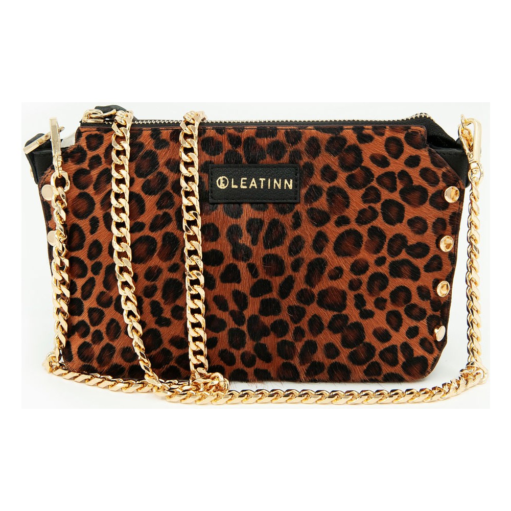 Koyu Viski Kadın Leopar Baskılı Deri Omuz Çantası - LEATINN LEATHER WEAR