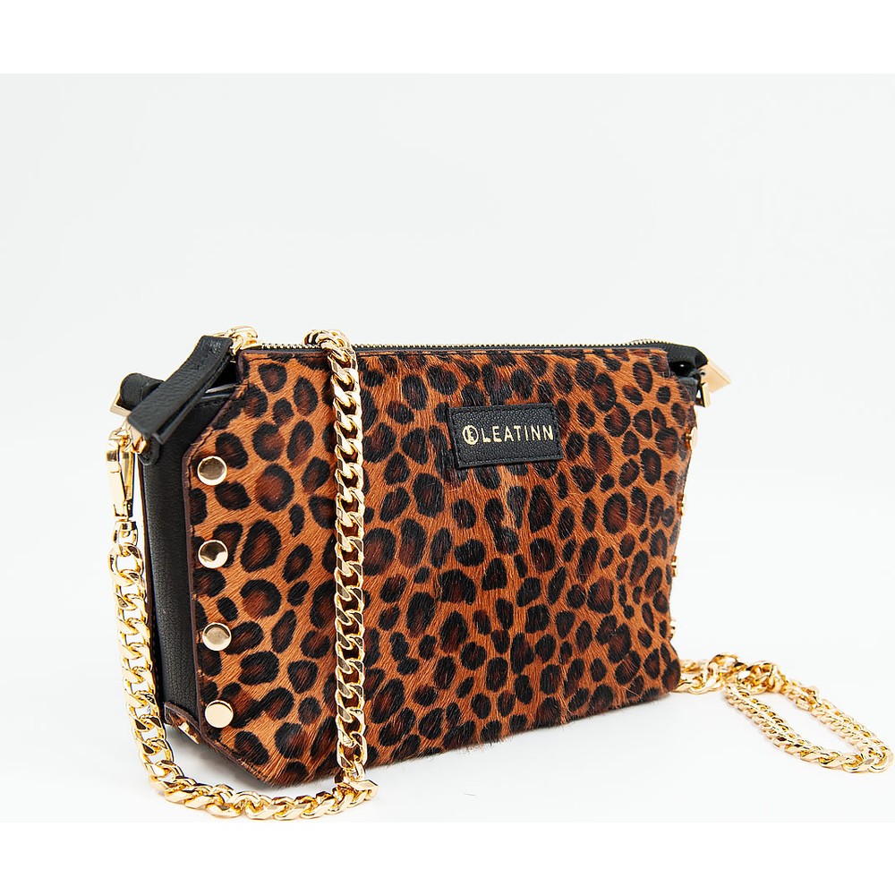 Koyu Viski Kadın Leopar Baskılı Deri Omuz Çantası - LEATINN LEATHER WEAR