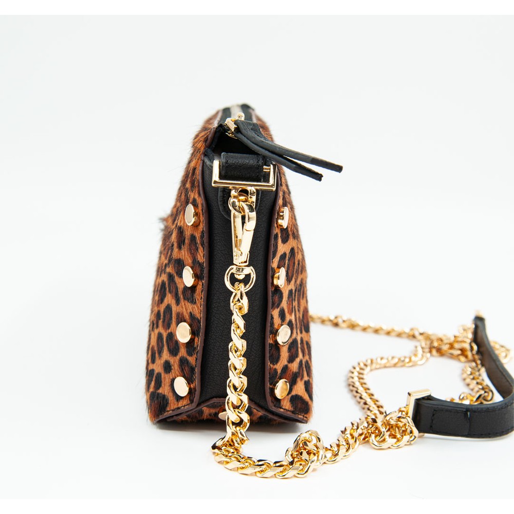 Koyu Viski Kadın Leopar Baskılı Deri Omuz Çantası - LEATINN LEATHER WEAR