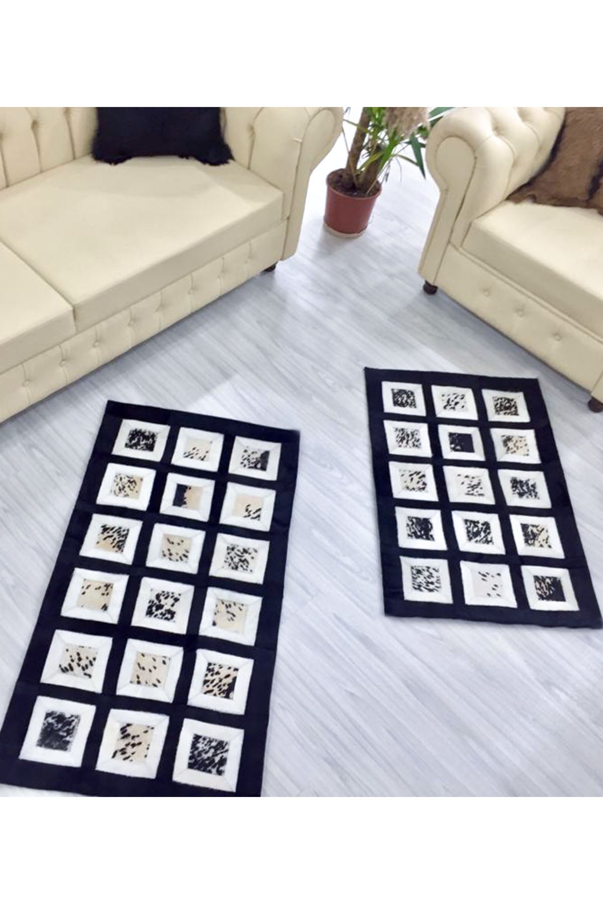 Desenli Siyah Deri Yolluk Halı - LEATINN LEATHER WEAR