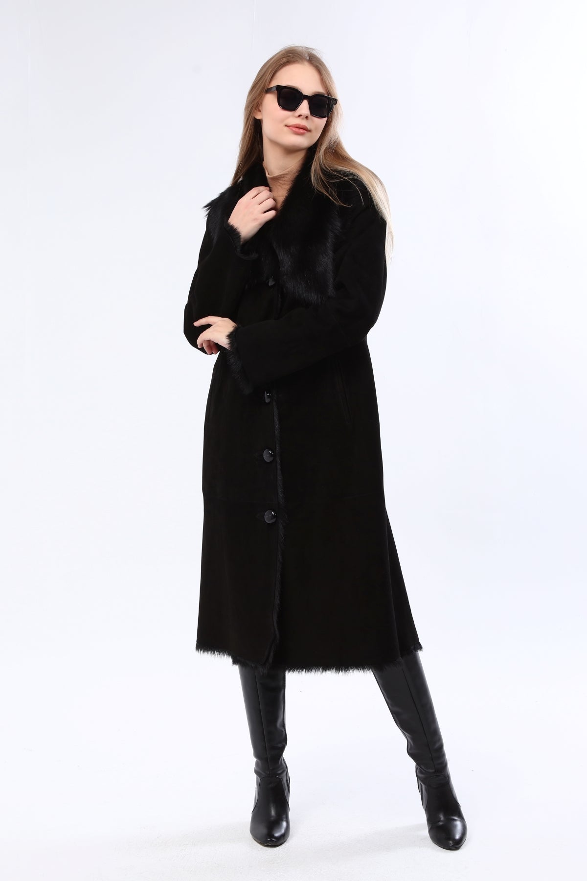 Siyah Kadın Süet Deri Kaban - LEATINN LEATHER WEAR