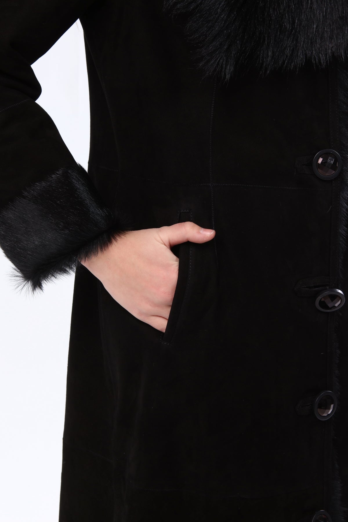 Siyah Kadın Taşlı Süet Deri Kaban - LEATINN LEATHER WEAR