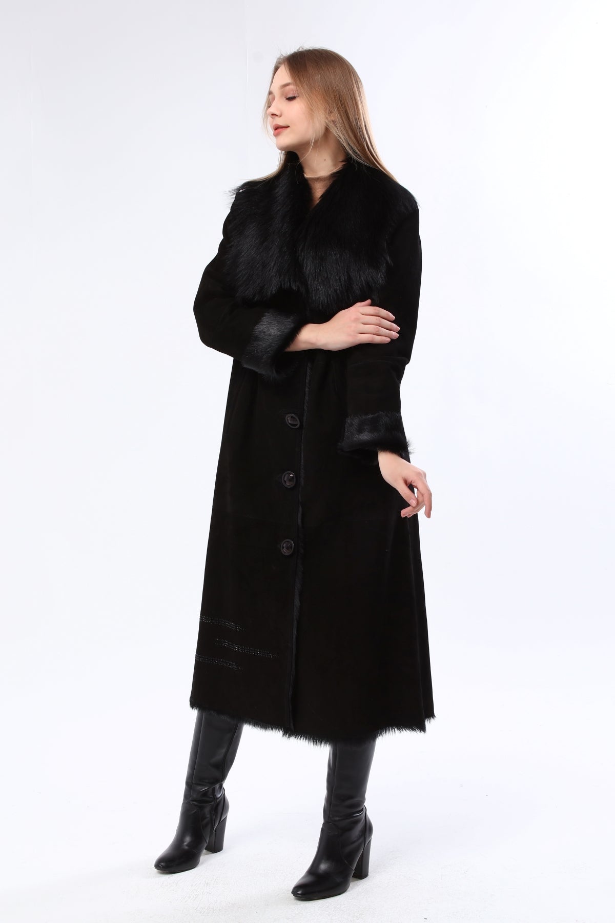 Siyah Kadın Taşlı Süet Deri Kaban - LEATINN LEATHER WEAR