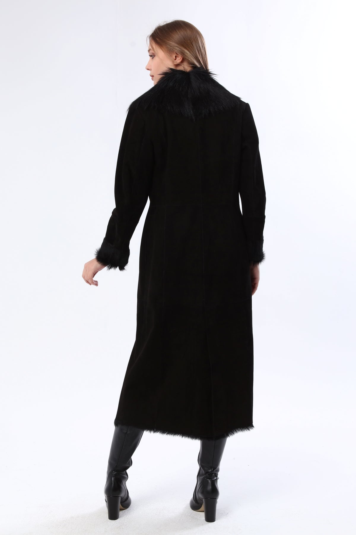 Siyah Kadın Taşlı Süet Deri Kaban - LEATINN LEATHER WEAR