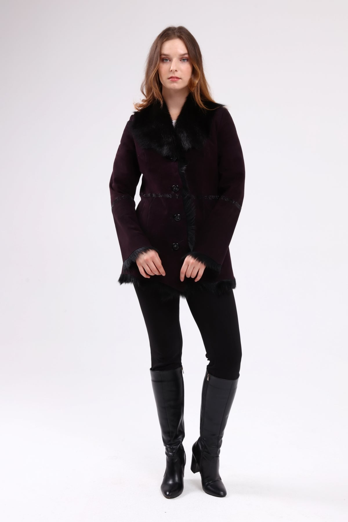 Mürdüm Kadın Süet Deri Kaban - LEATINN LEATHER WEAR