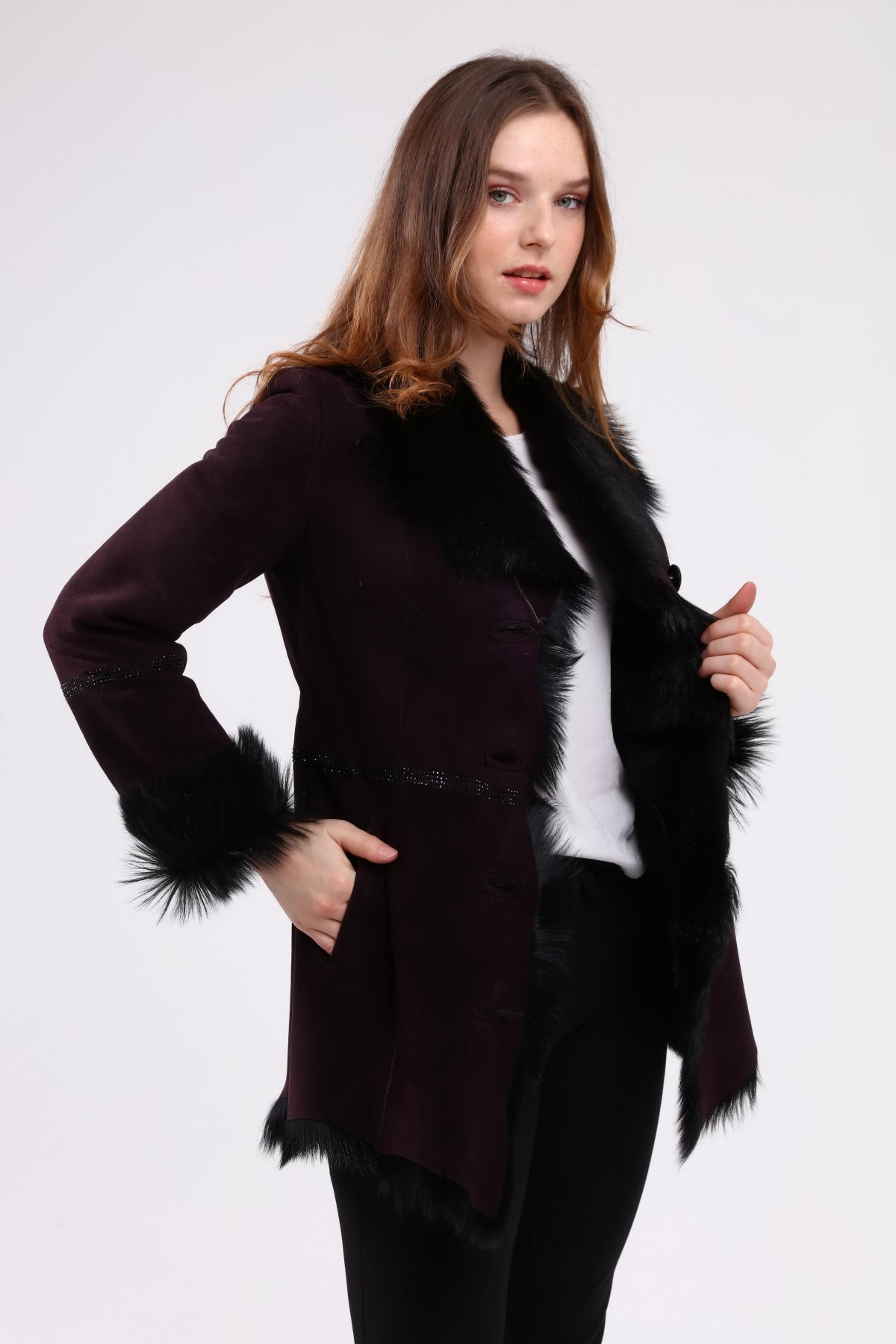 Mürdüm Kadın Süet Deri Kaban - LEATINN LEATHER WEAR