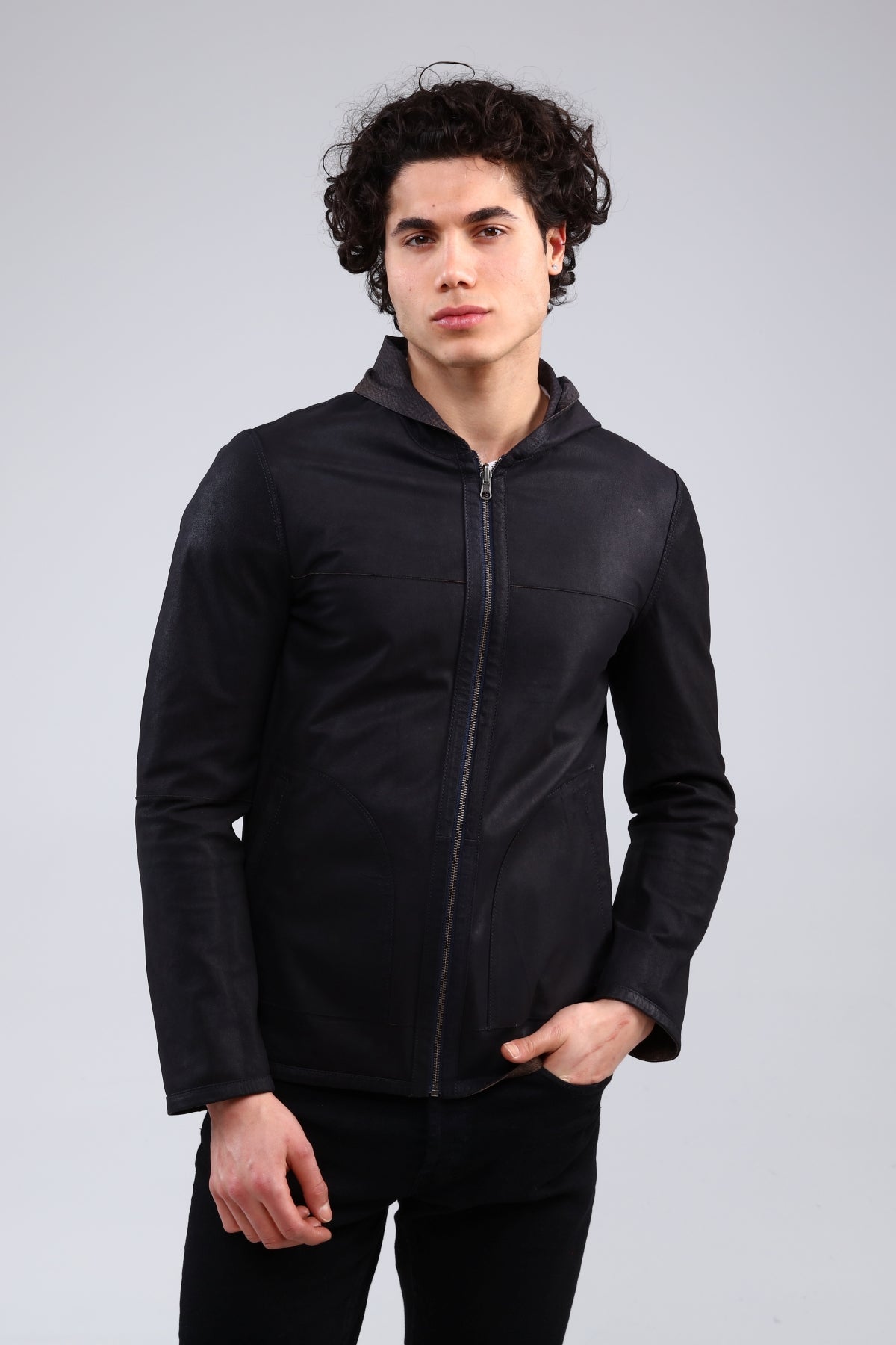 Lacivert Erkek Eskitme Deri Ceket - LEATINN LEATHER WEAR