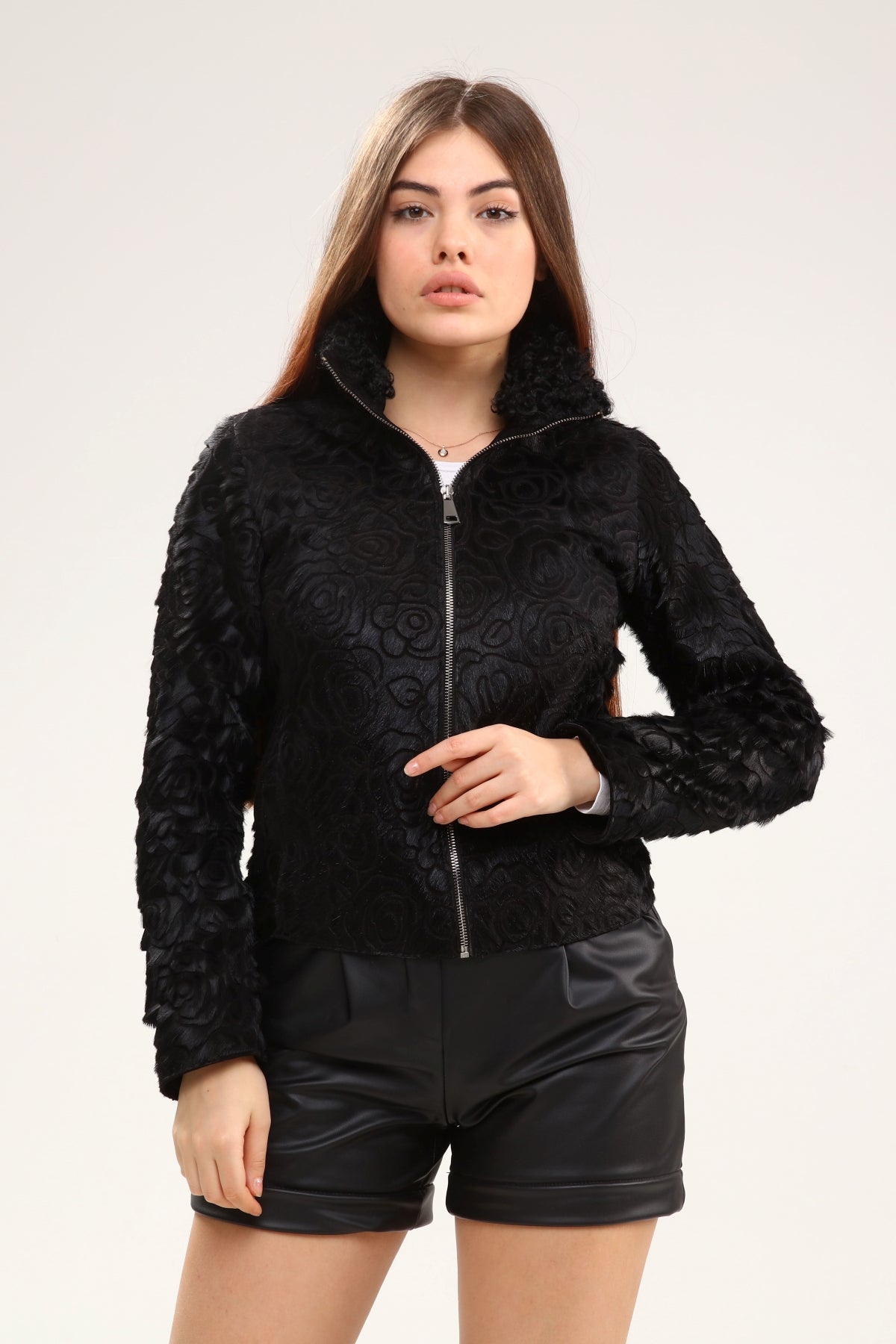 Siyah Kadın Gül Desenli Deri Mont - LEATINN LEATHER WEAR