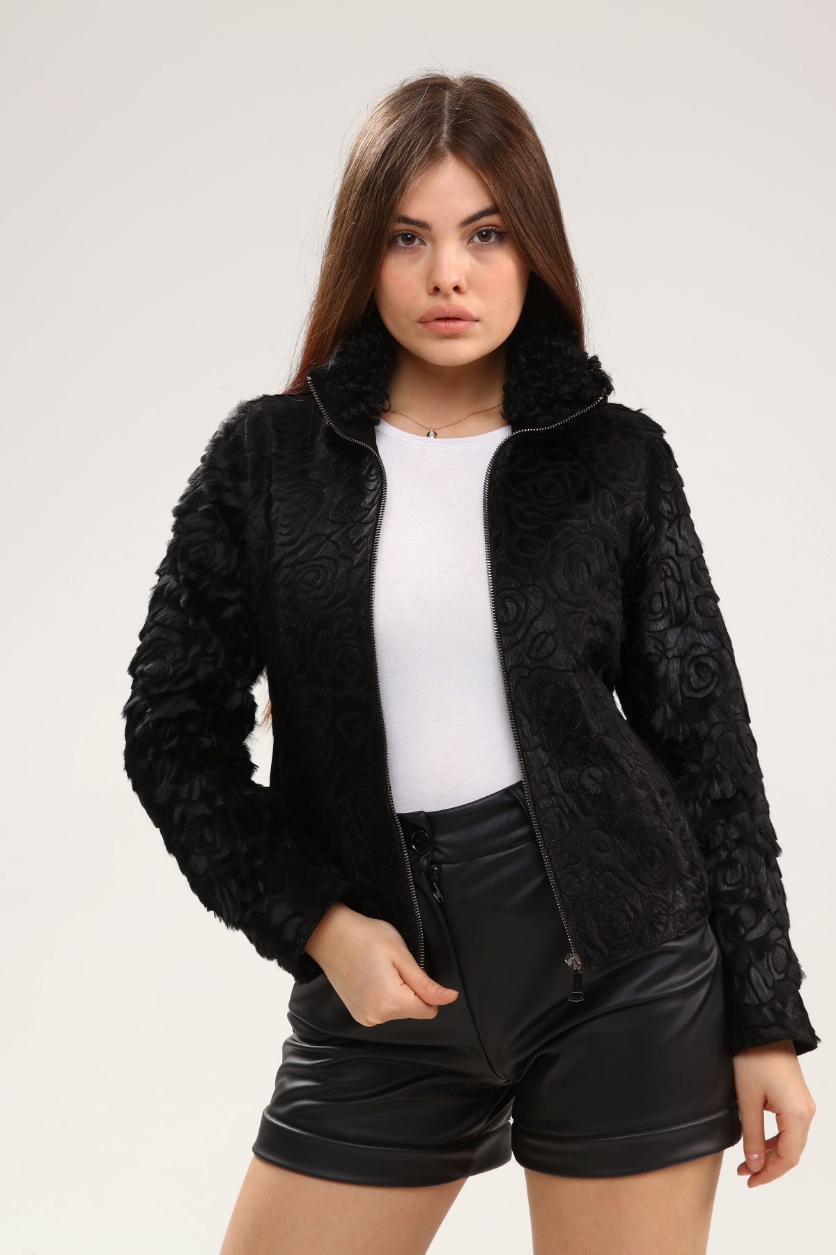 Siyah Kadın Gül Desenli Deri Mont - LEATINN LEATHER WEAR