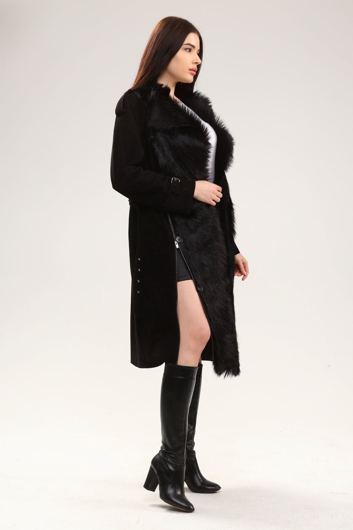 Siyah Kadın Tabi Deri Kaban - LEATINN LEATHER WEAR