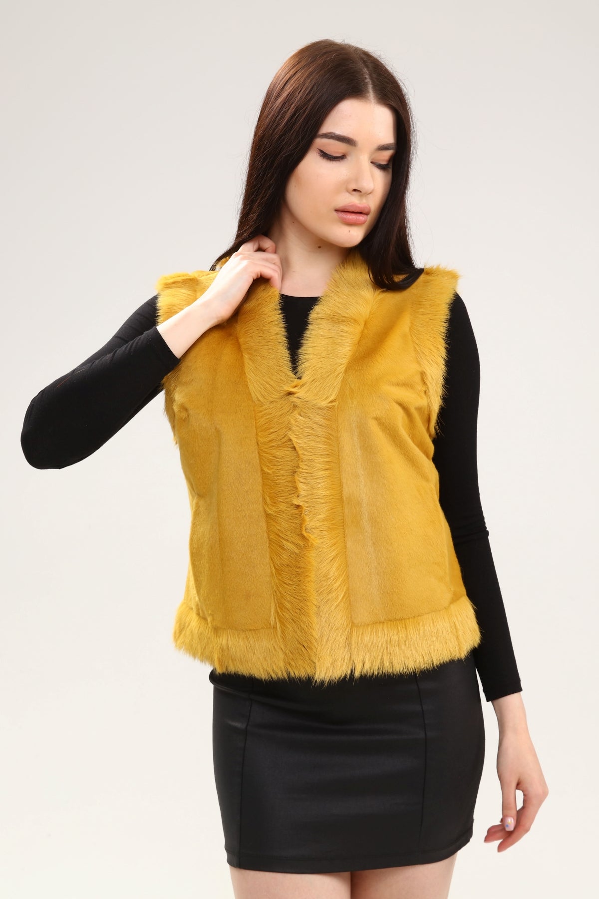 Sarı Kadın Deri Yelek - LEATINN LEATHER WEAR