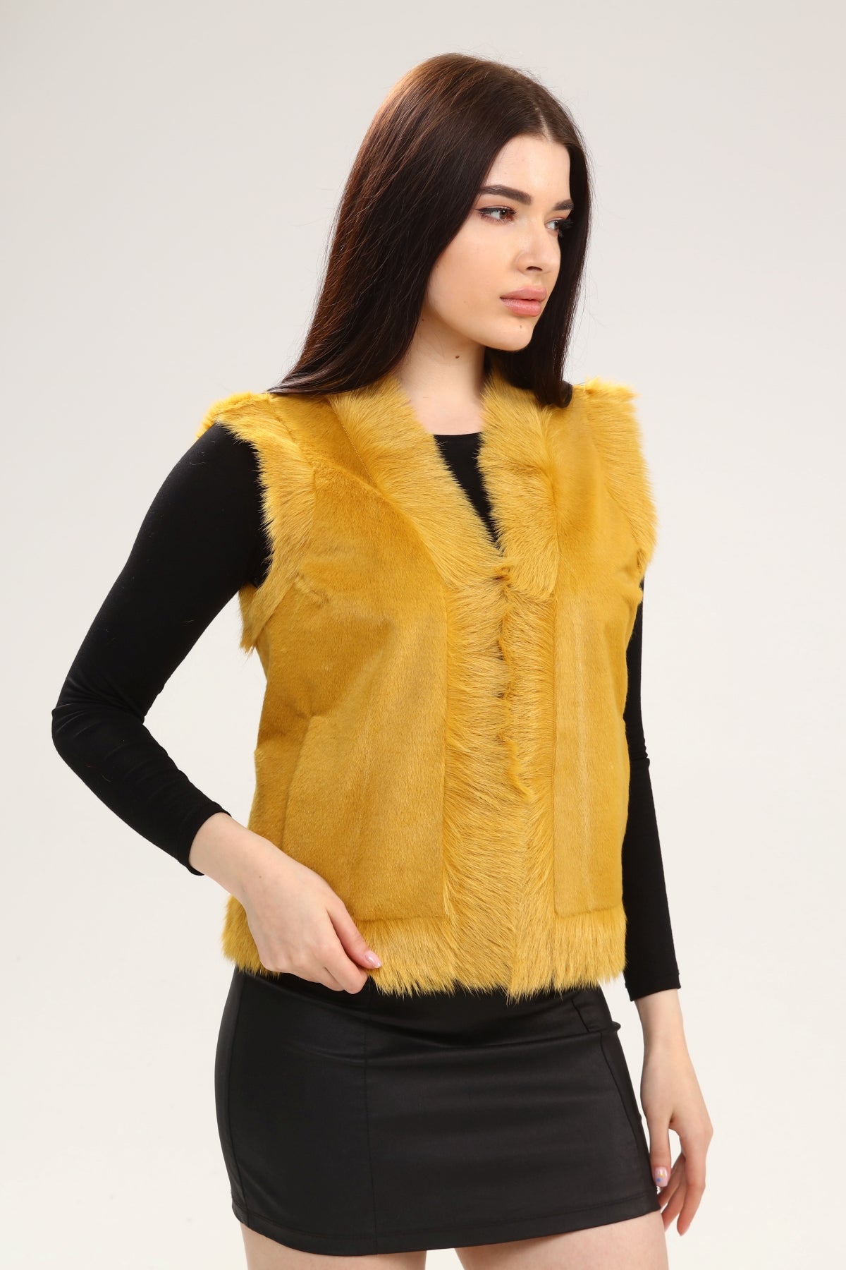 Sarı Kadın Deri Yelek - LEATINN LEATHER WEAR
