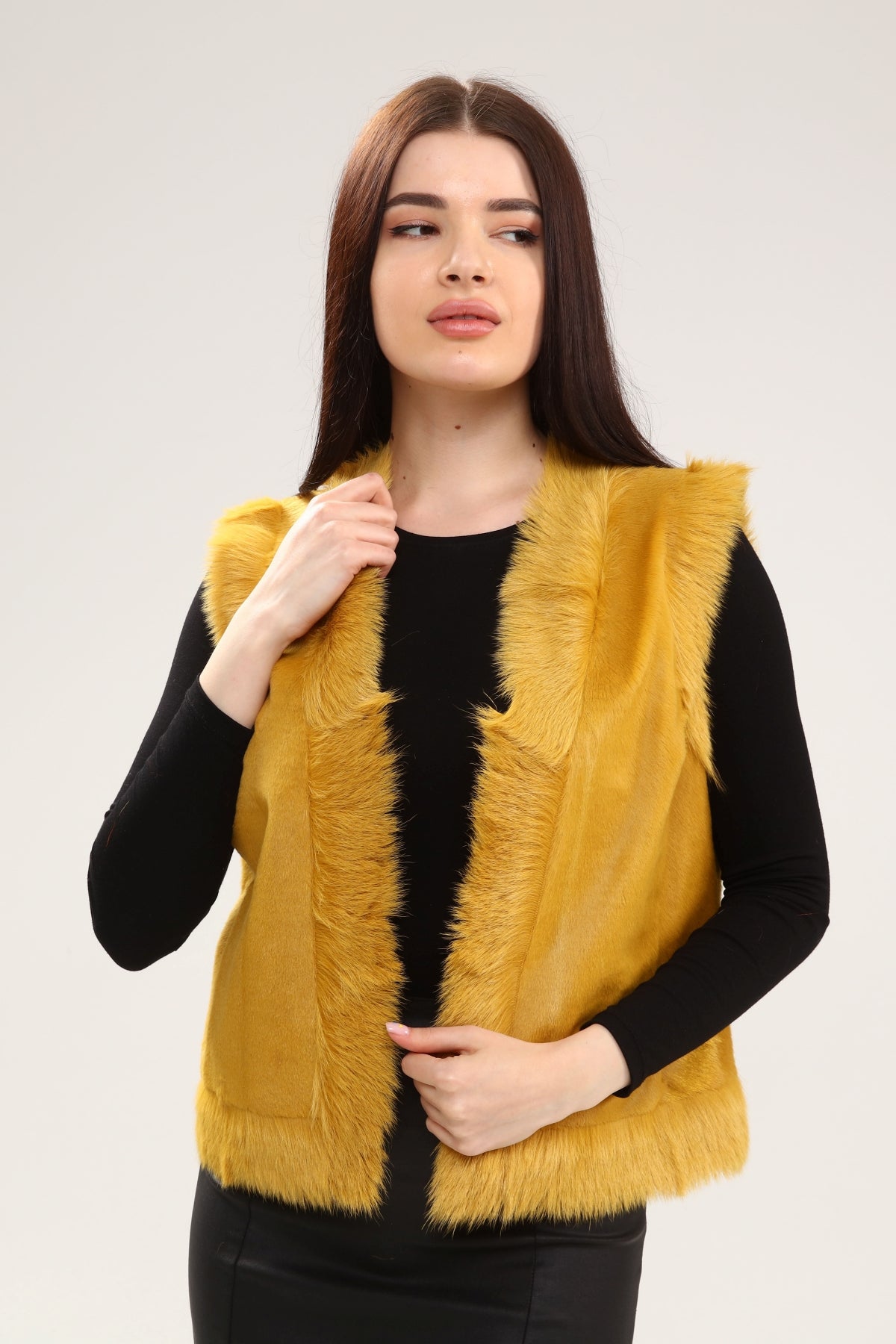 Sarı Kadın Deri Yelek - LEATINN LEATHER WEAR