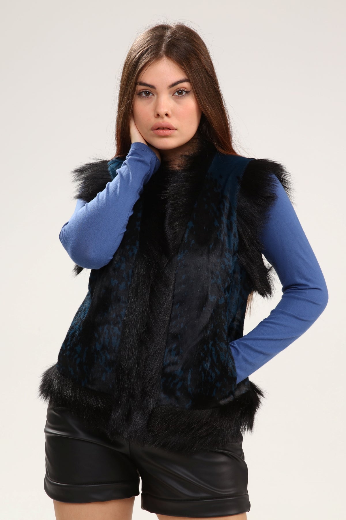 Mavi Kadın Desenli Deri Yelek - LEATINN LEATHER WEAR