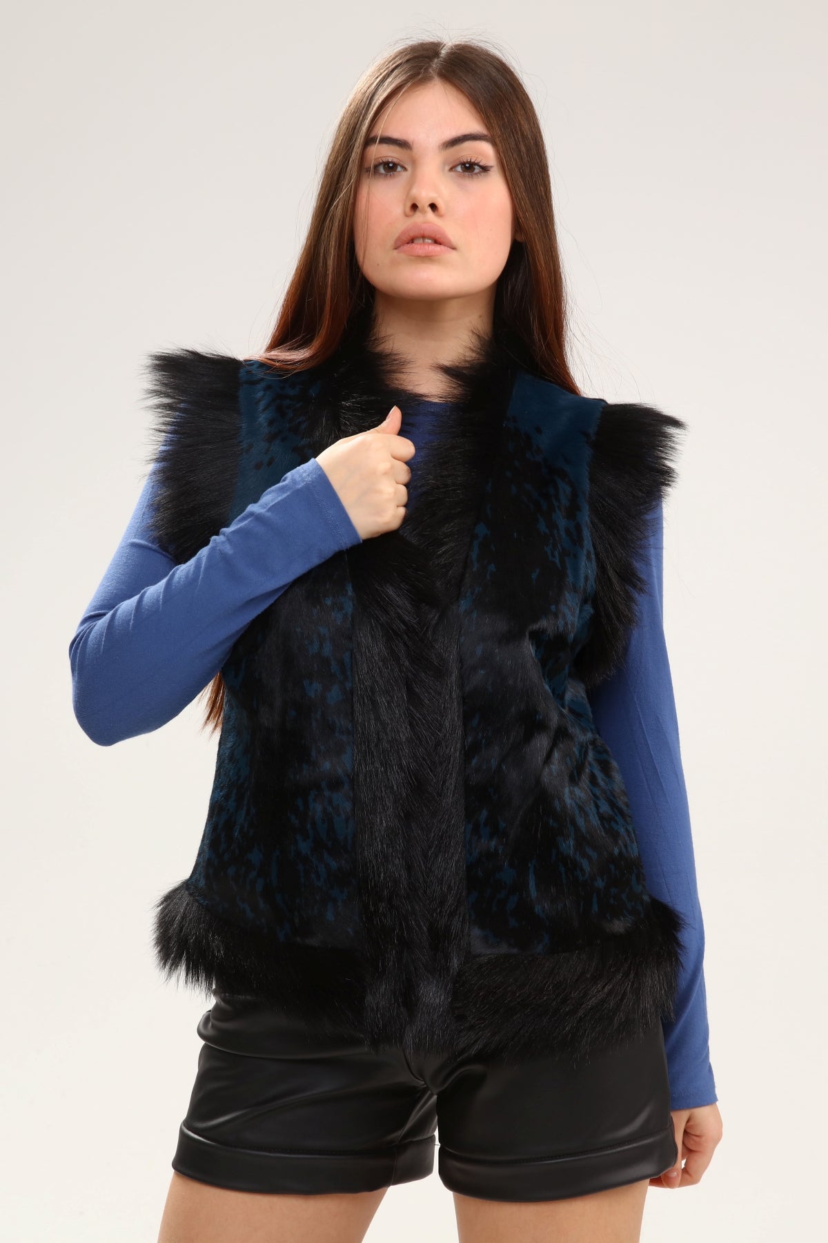 Mavi Kadın Desenli Deri Yelek - LEATINN LEATHER WEAR