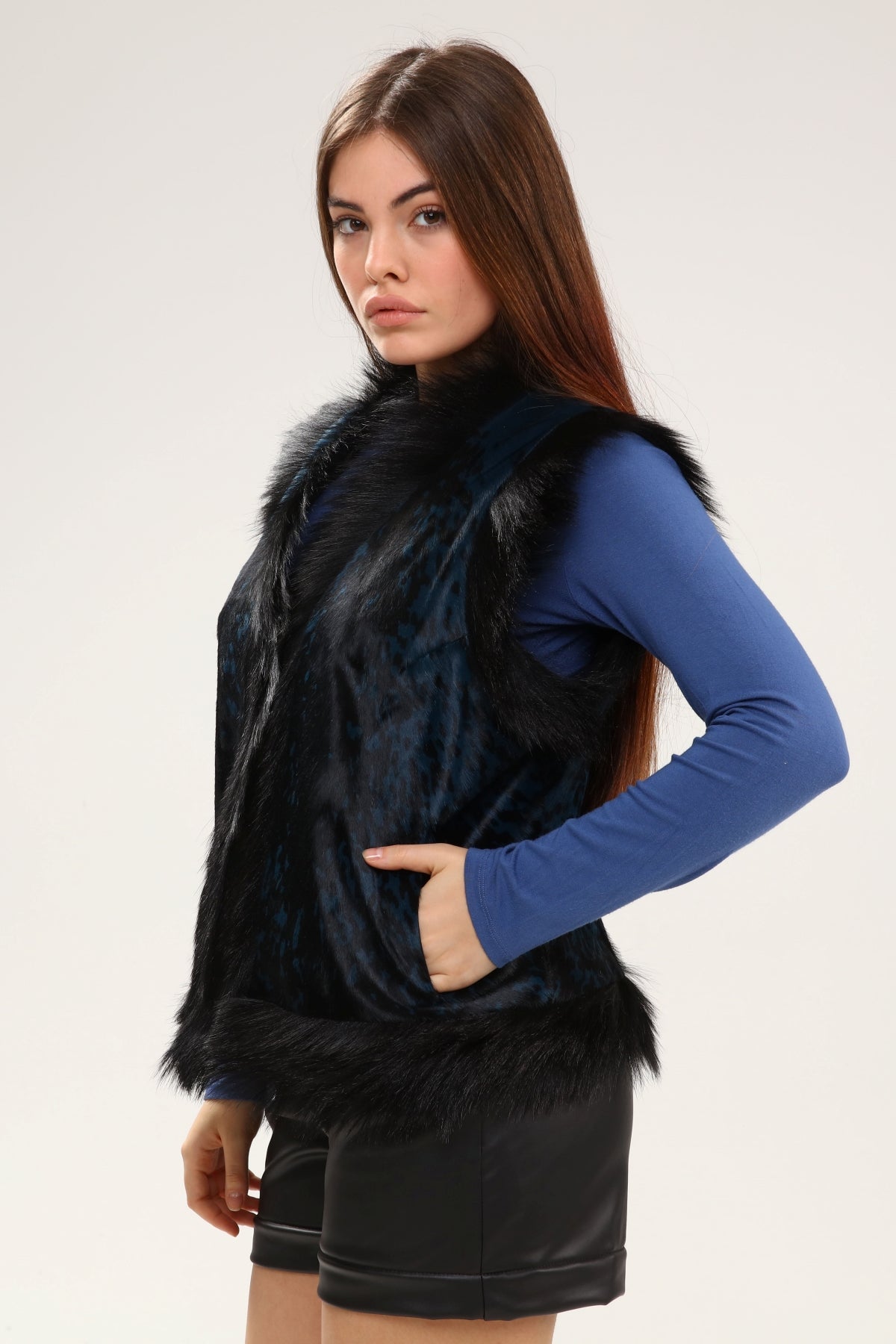 Mavi Kadın Desenli Deri Yelek - LEATINN LEATHER WEAR