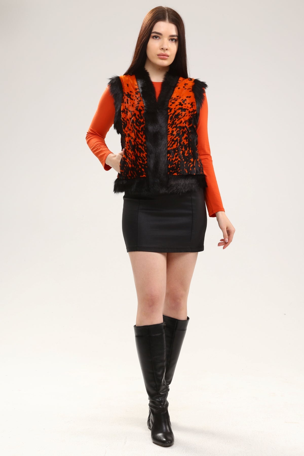 Turuncu Kadın Desenli Deri Yelek - LEATINN LEATHER WEAR