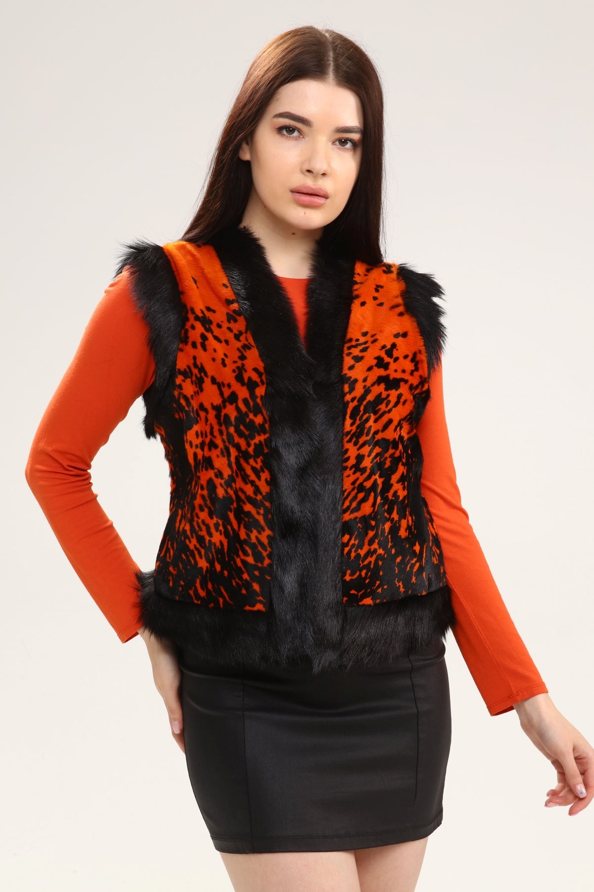 Turuncu Kadın Desenli Deri Yelek - LEATINN LEATHER WEAR