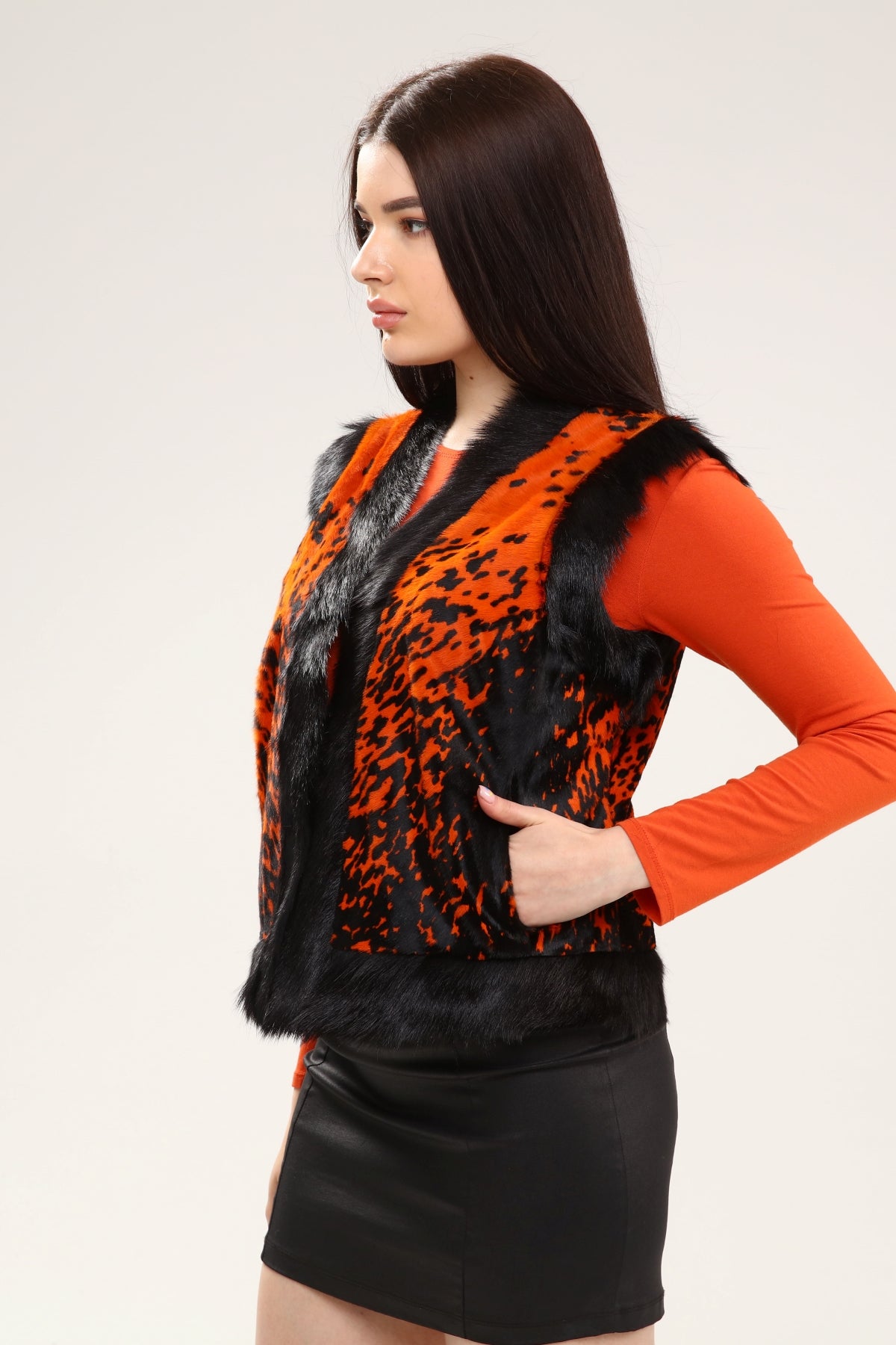 Turuncu Kadın Desenli Deri Yelek - LEATINN LEATHER WEAR