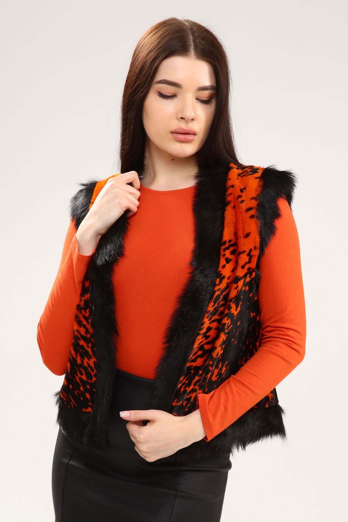 Turuncu Kadın Desenli Deri Yelek - LEATINN LEATHER WEAR