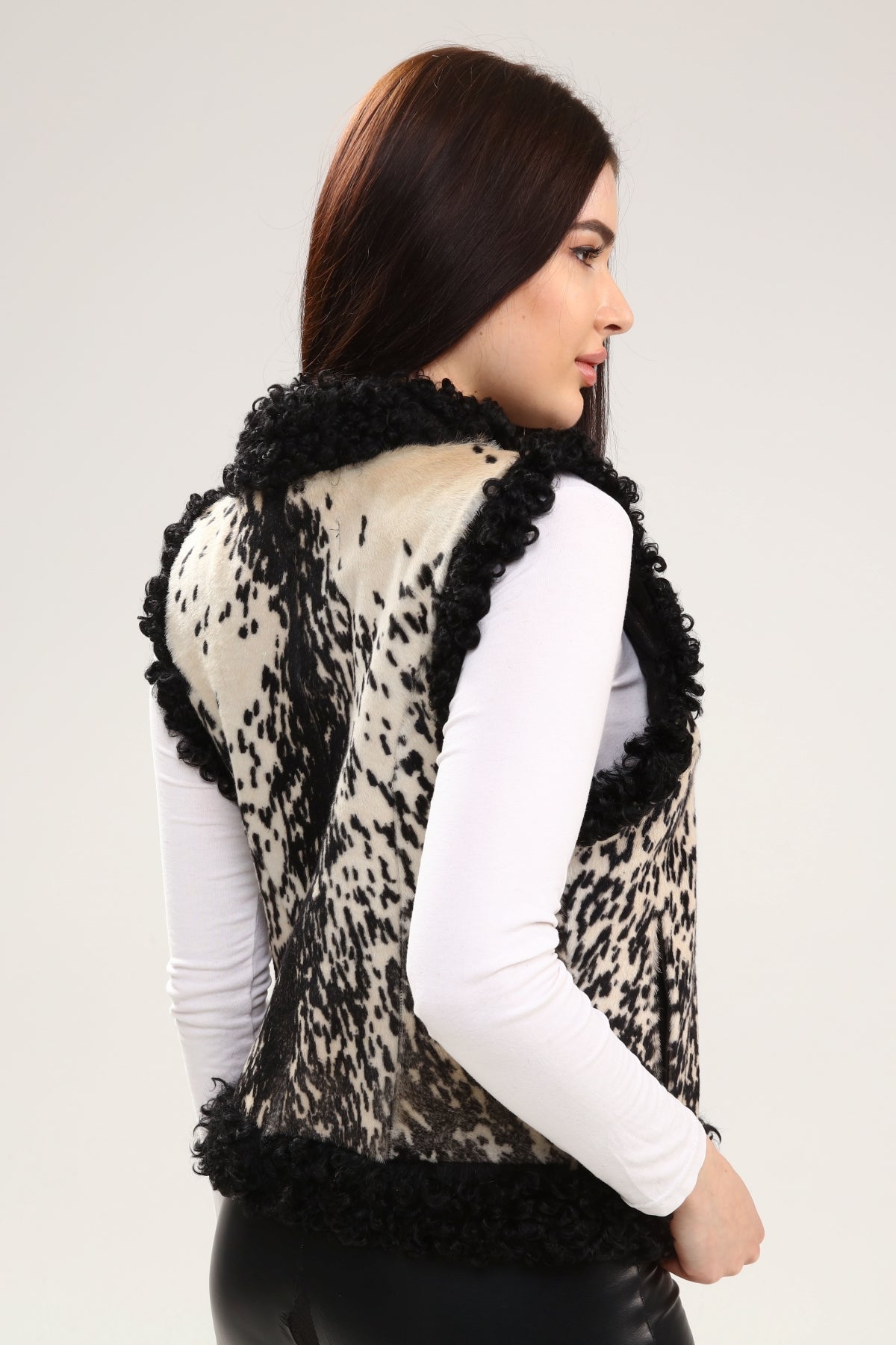 Beyaz Kadın Desenli Deri Yelek - LEATINN LEATHER WEAR