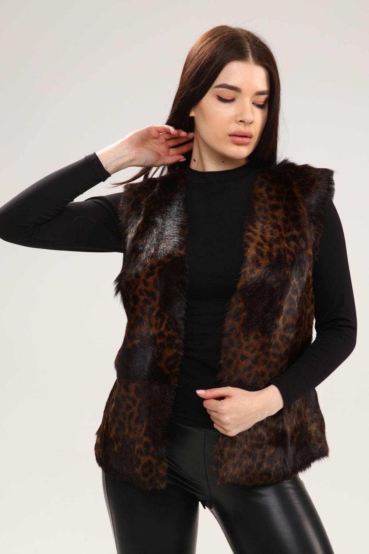 Leopar Desenli Kadın Deri Yelek - LEATINN LEATHER WEAR