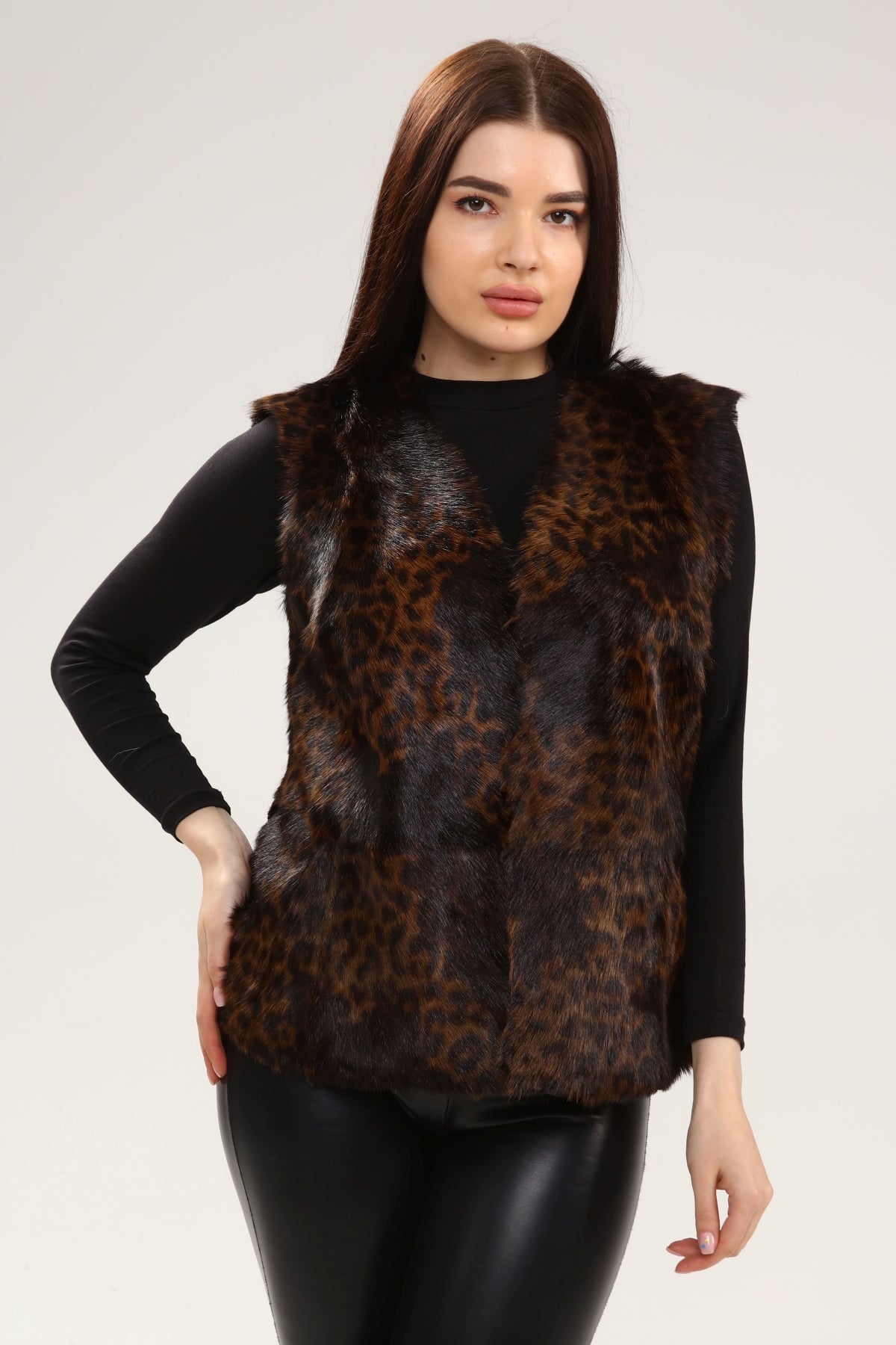 Leopar Desenli Kadın Deri Yelek - LEATINN LEATHER WEAR