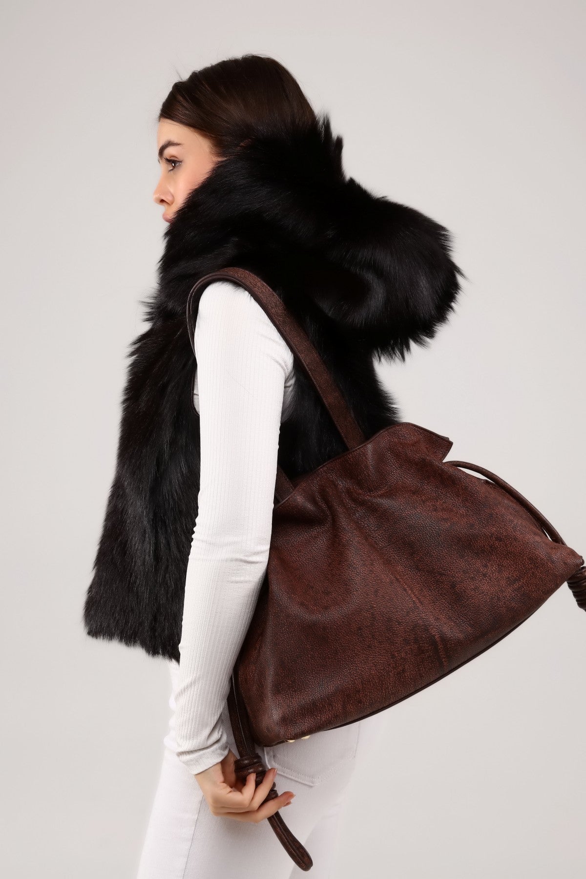 Schwarze Ledertasche mit Leopardenmuster für Damen