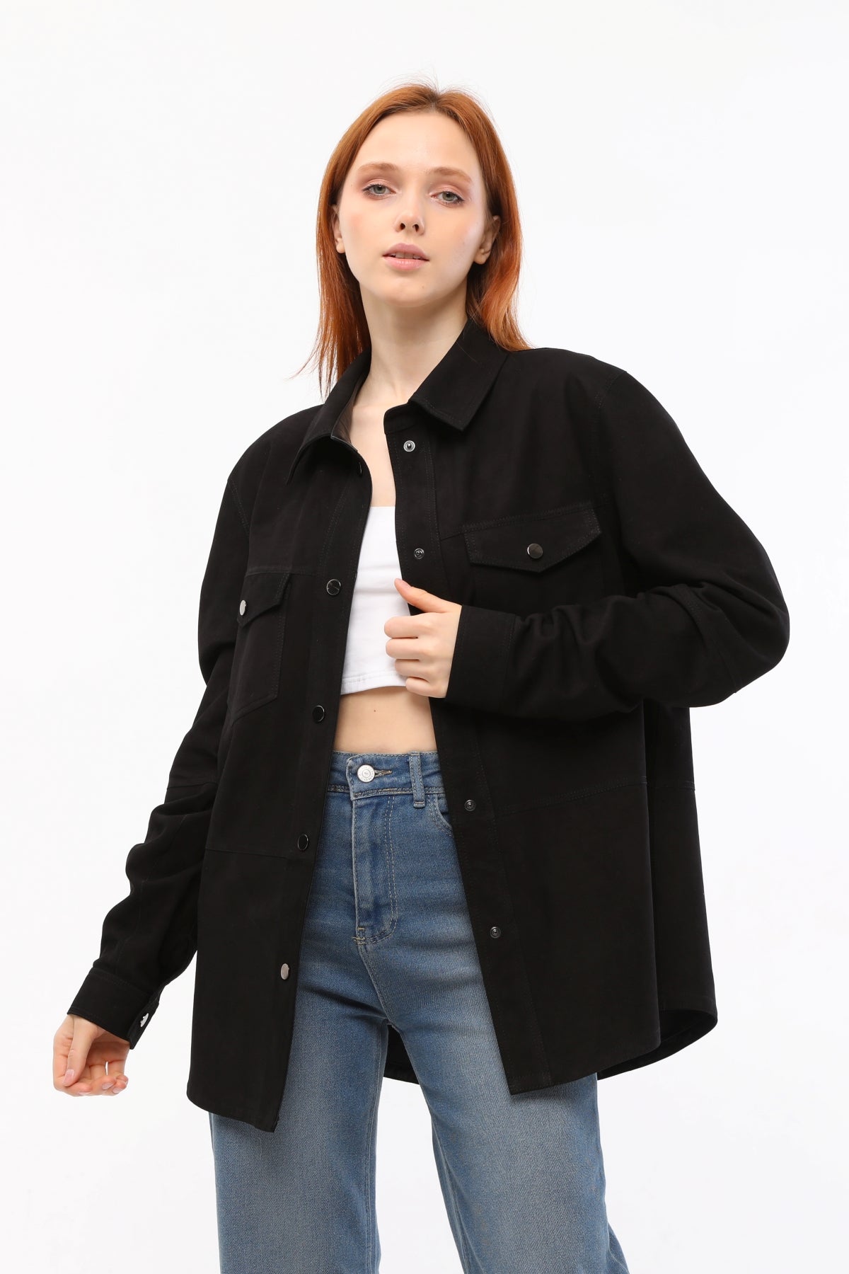 Siyah Süet Oversize Kadın Deri Gömlek