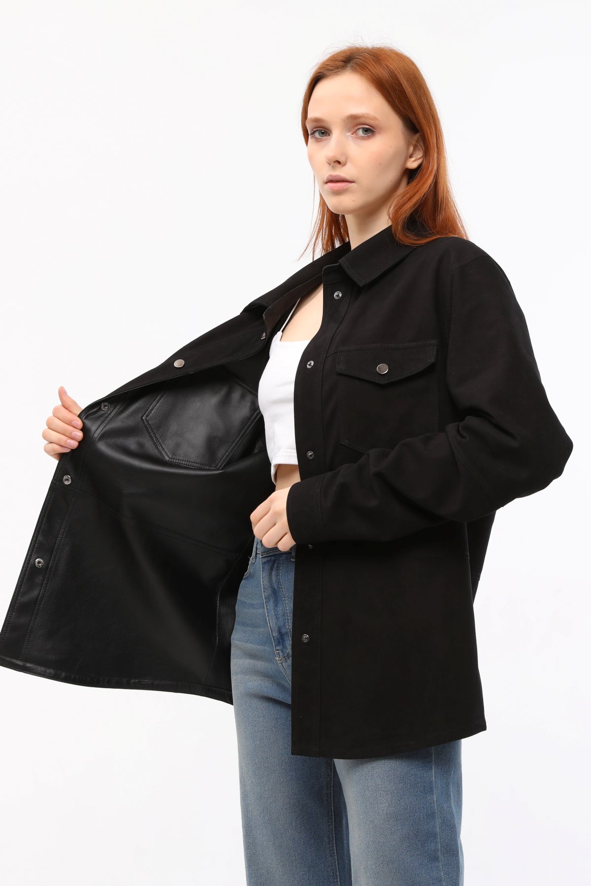 Siyah Süet Oversize Kadın Deri Gömlek