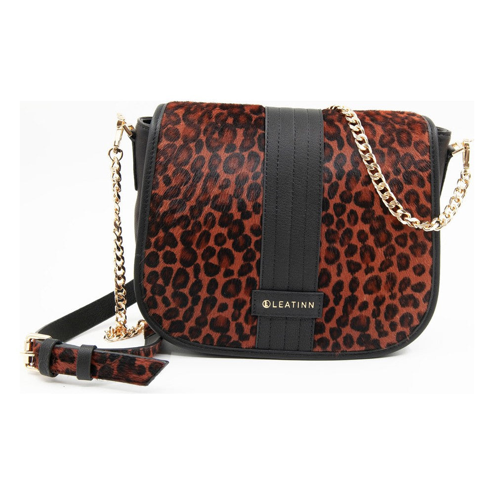 Koyu Viski Kadın Leopar Baskılı Deri Omuz Çantası - LEATINN LEATHER WEAR