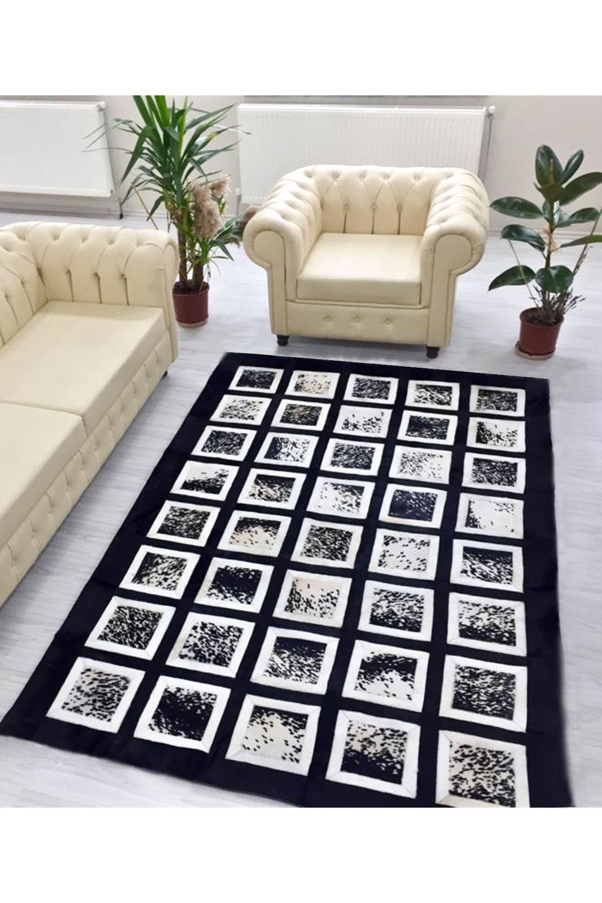 Desenli Siyah Deri Halı - LEATINN LEATHER WEAR