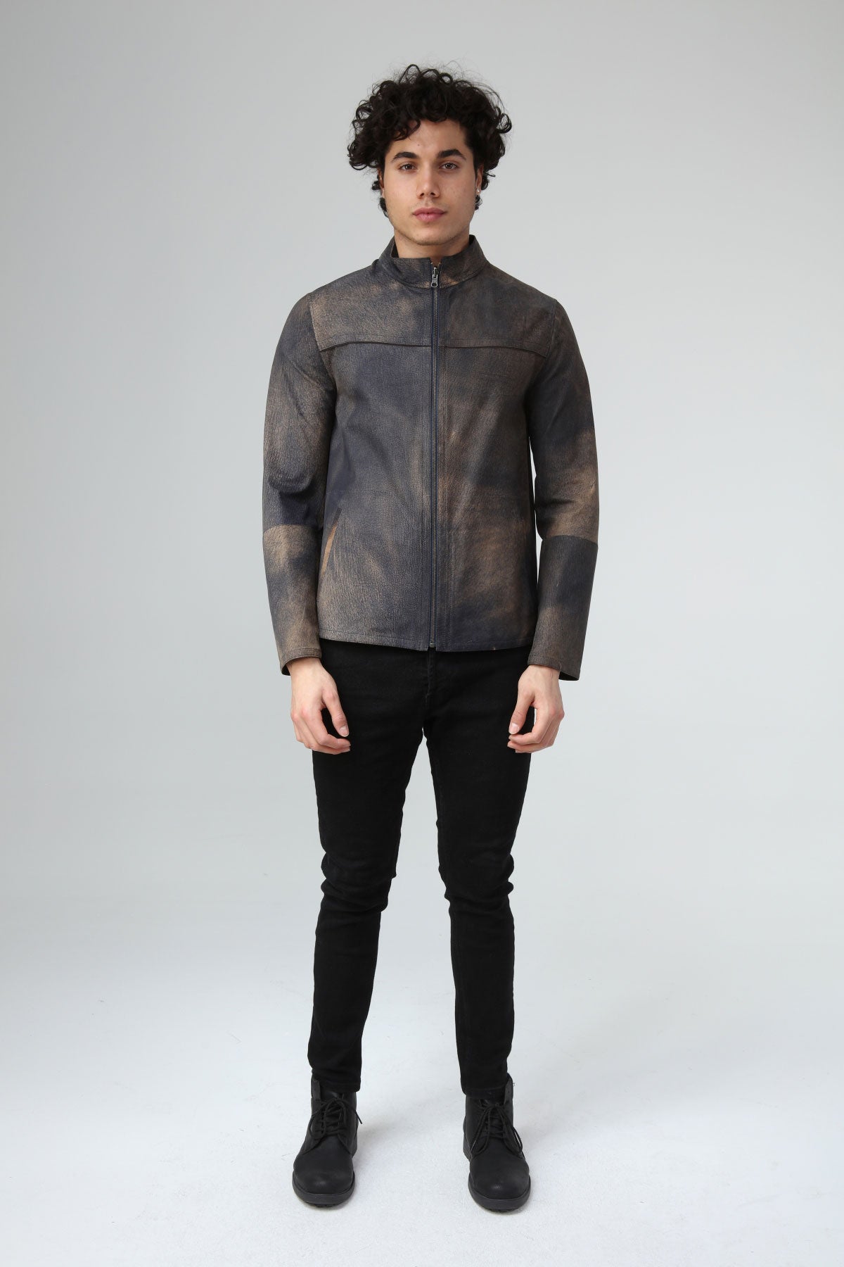 Lacivert Erkek Eskitme Deri Ceket - LEATINN LEATHER WEAR