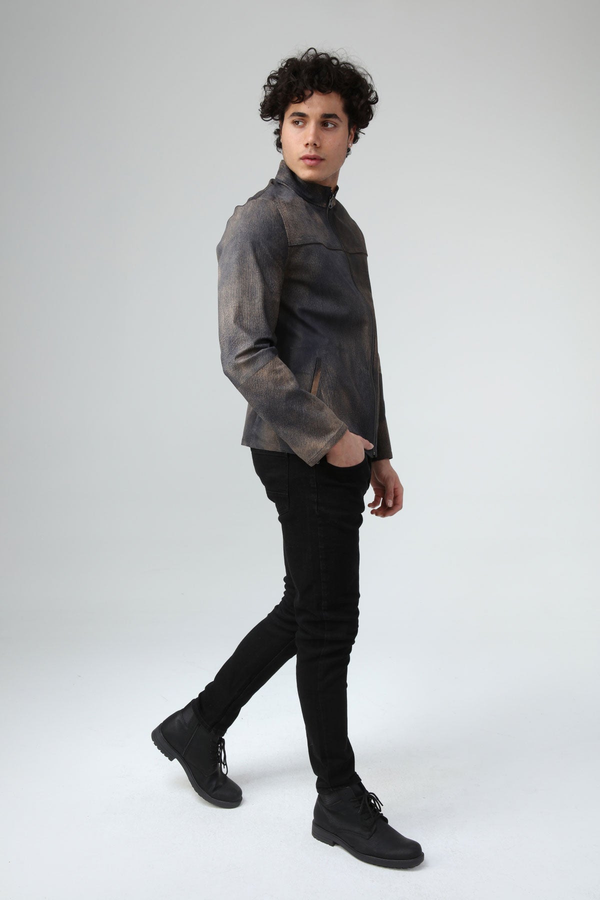 Lacivert Erkek Eskitme Deri Ceket - LEATINN LEATHER WEAR
