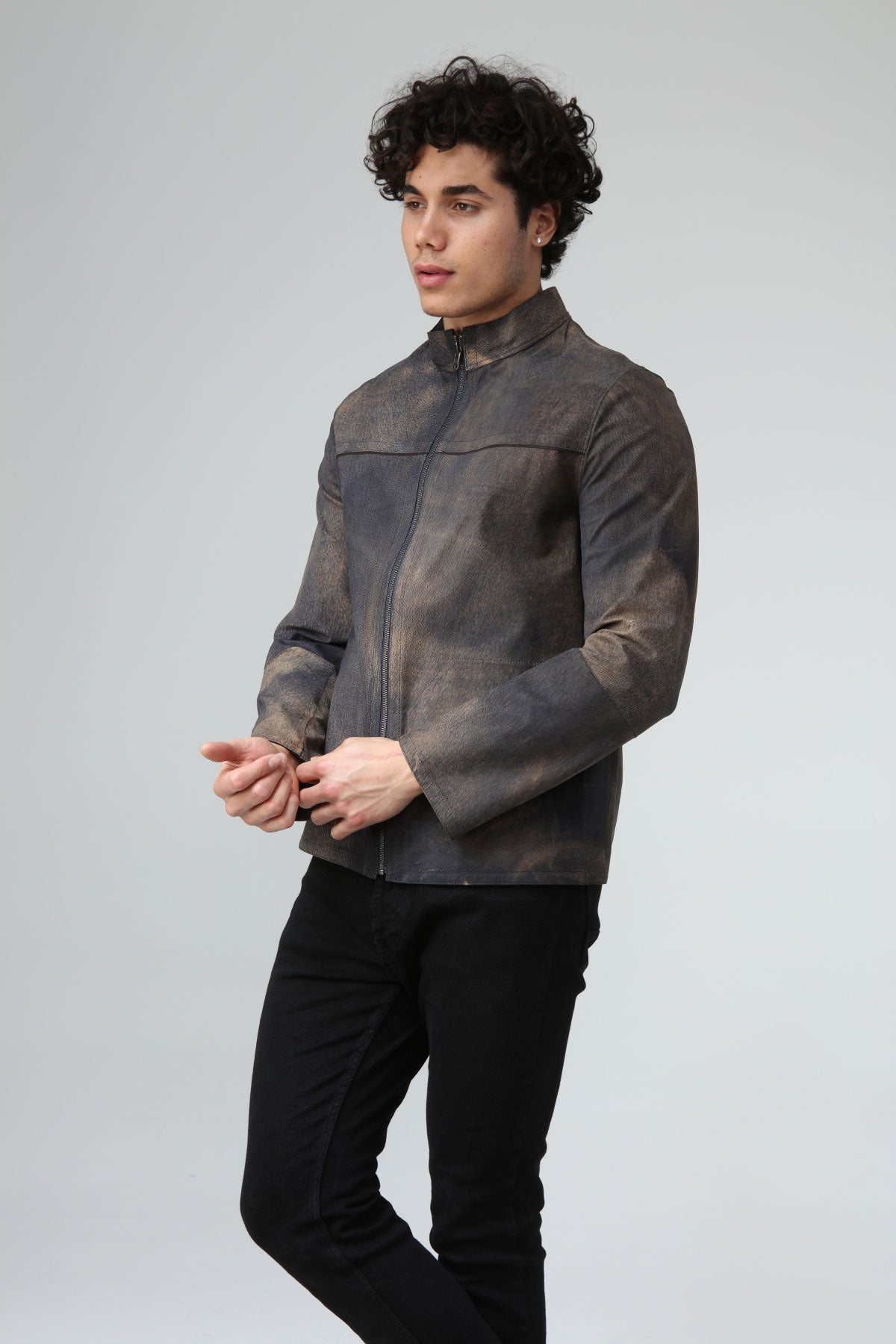 Lacivert Erkek Eskitme Deri Ceket - LEATINN LEATHER WEAR