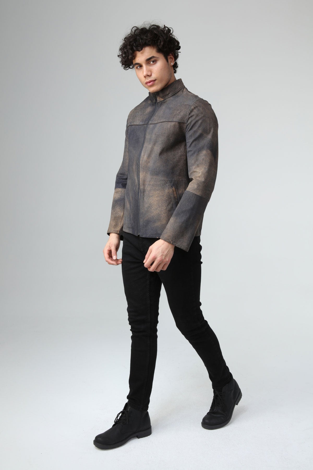 Lacivert Erkek Eskitme Deri Ceket - LEATINN LEATHER WEAR