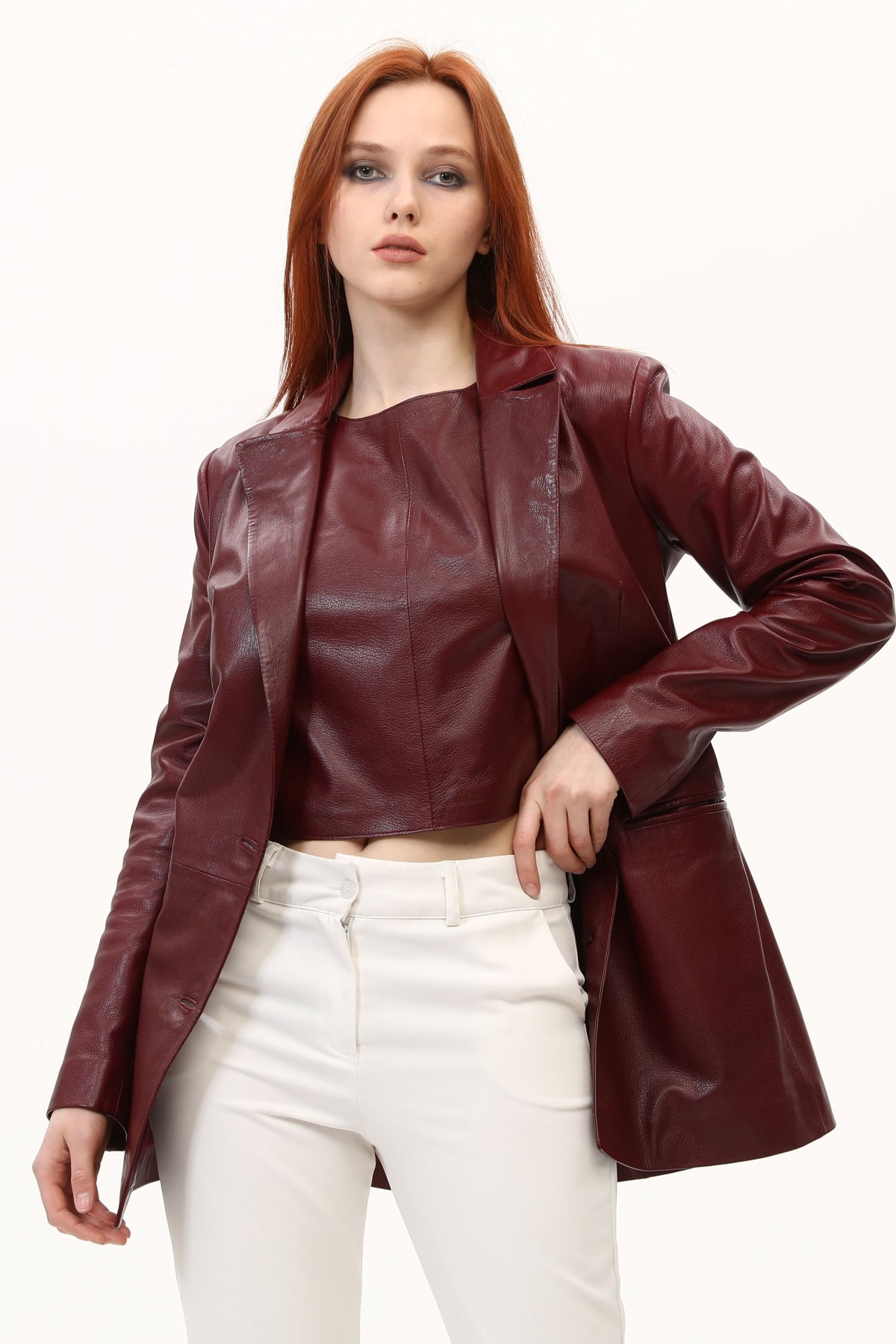 Bordo Kadın Blazer Deri Ceket