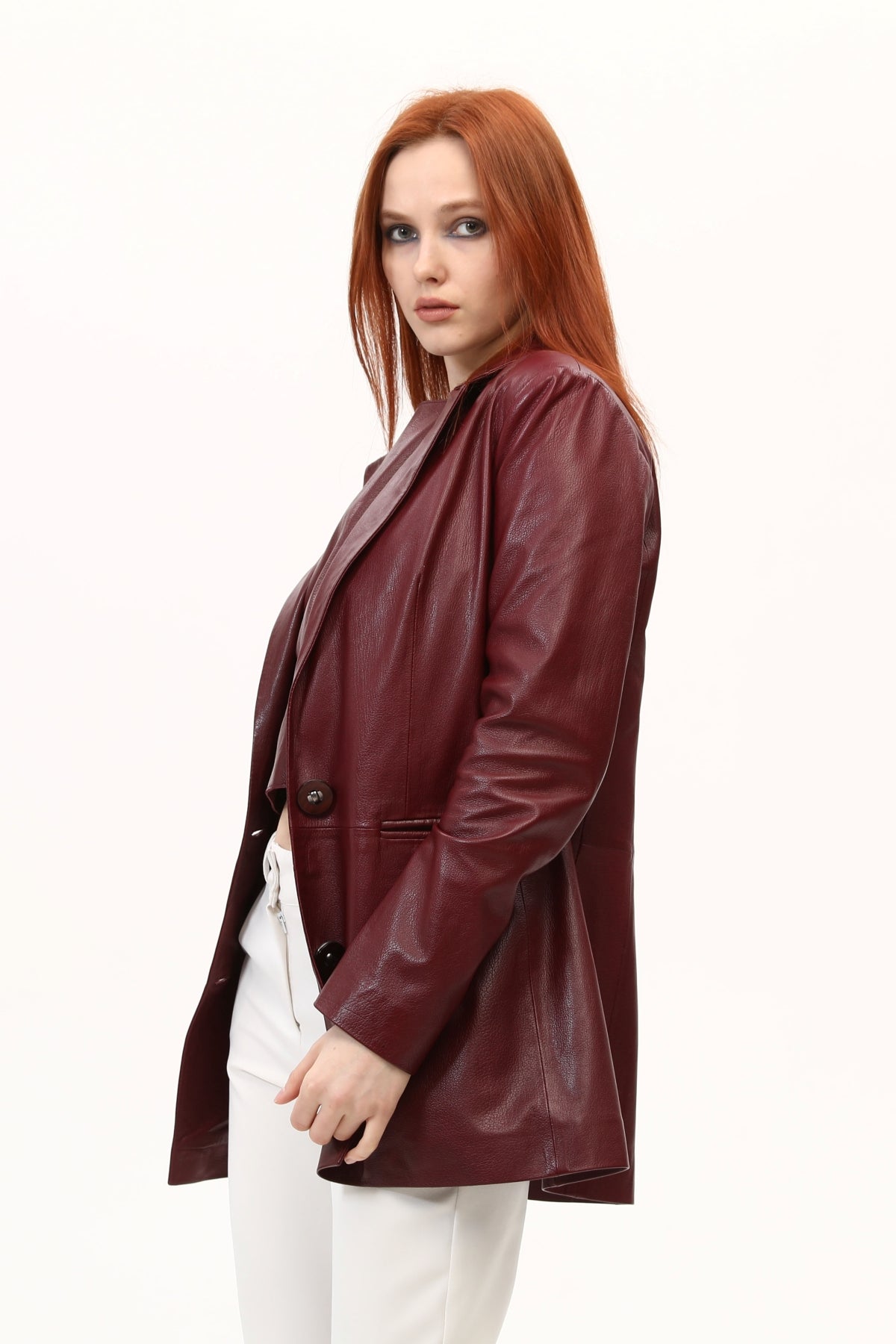 Bordo Kadın Blazer Deri Ceket