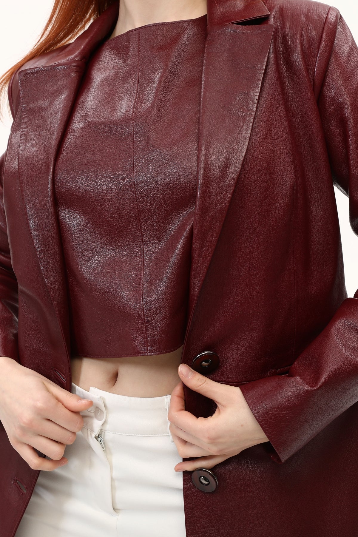 Bordo Kadın Blazer Deri Ceket