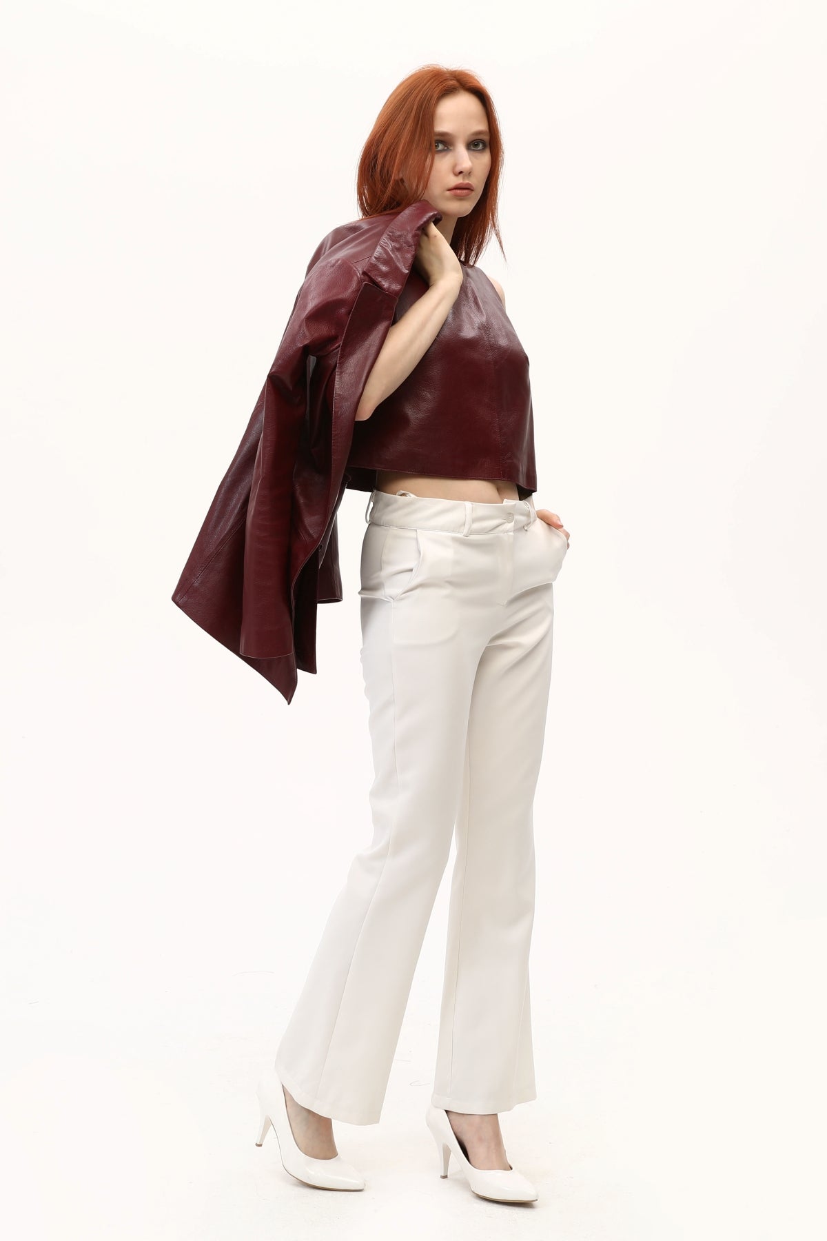 Bordo Kadın Deri Crop