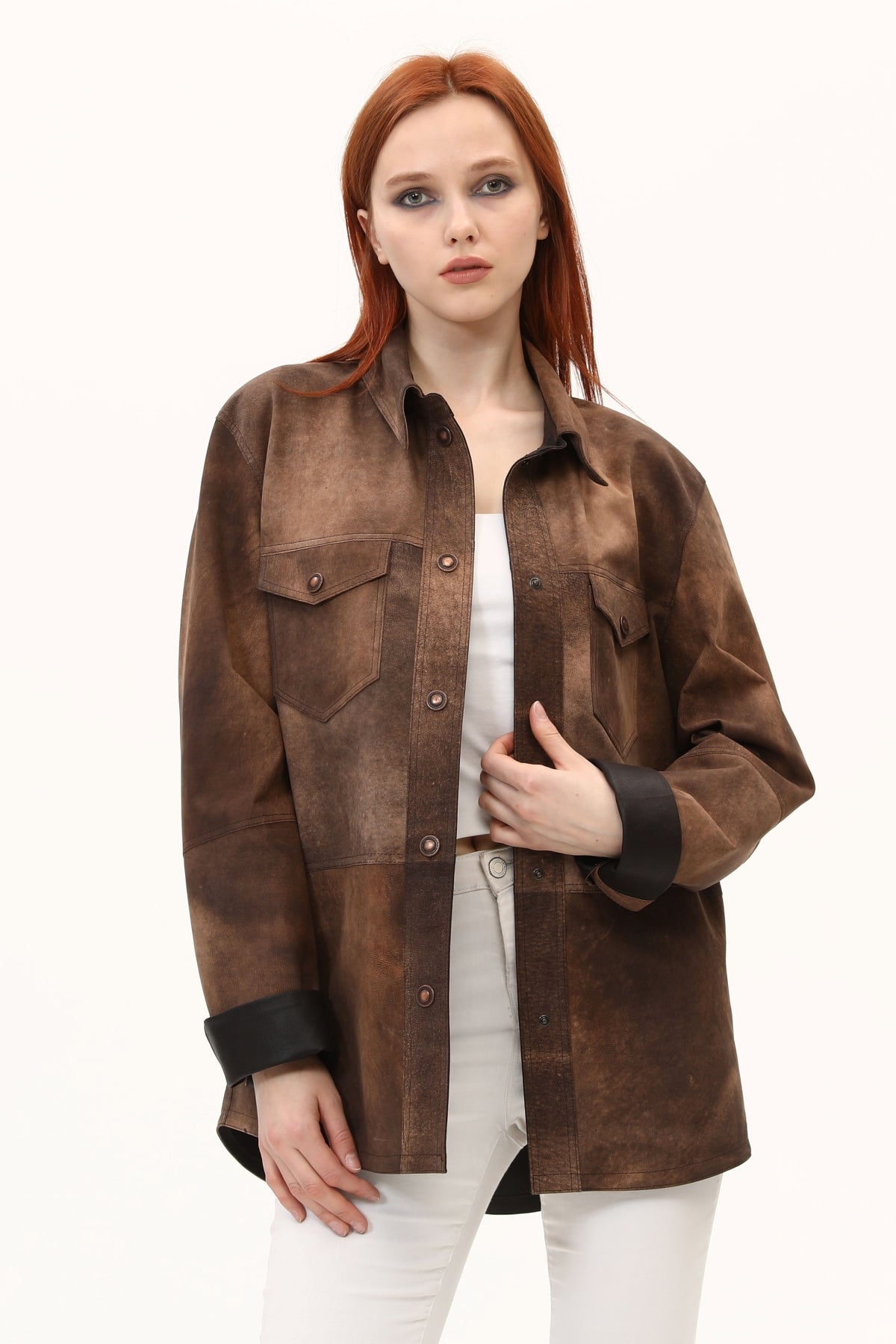 Bakır Eskitme Oversize Kadın Deri Gömlek