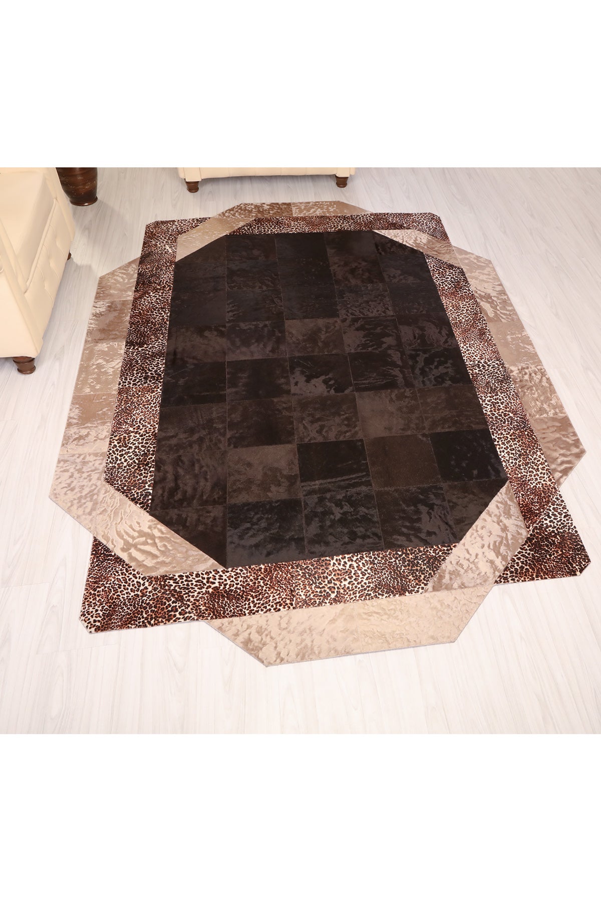 Leopar Baskı Kahve Deri Halı - LEATINN LEATHER WEAR