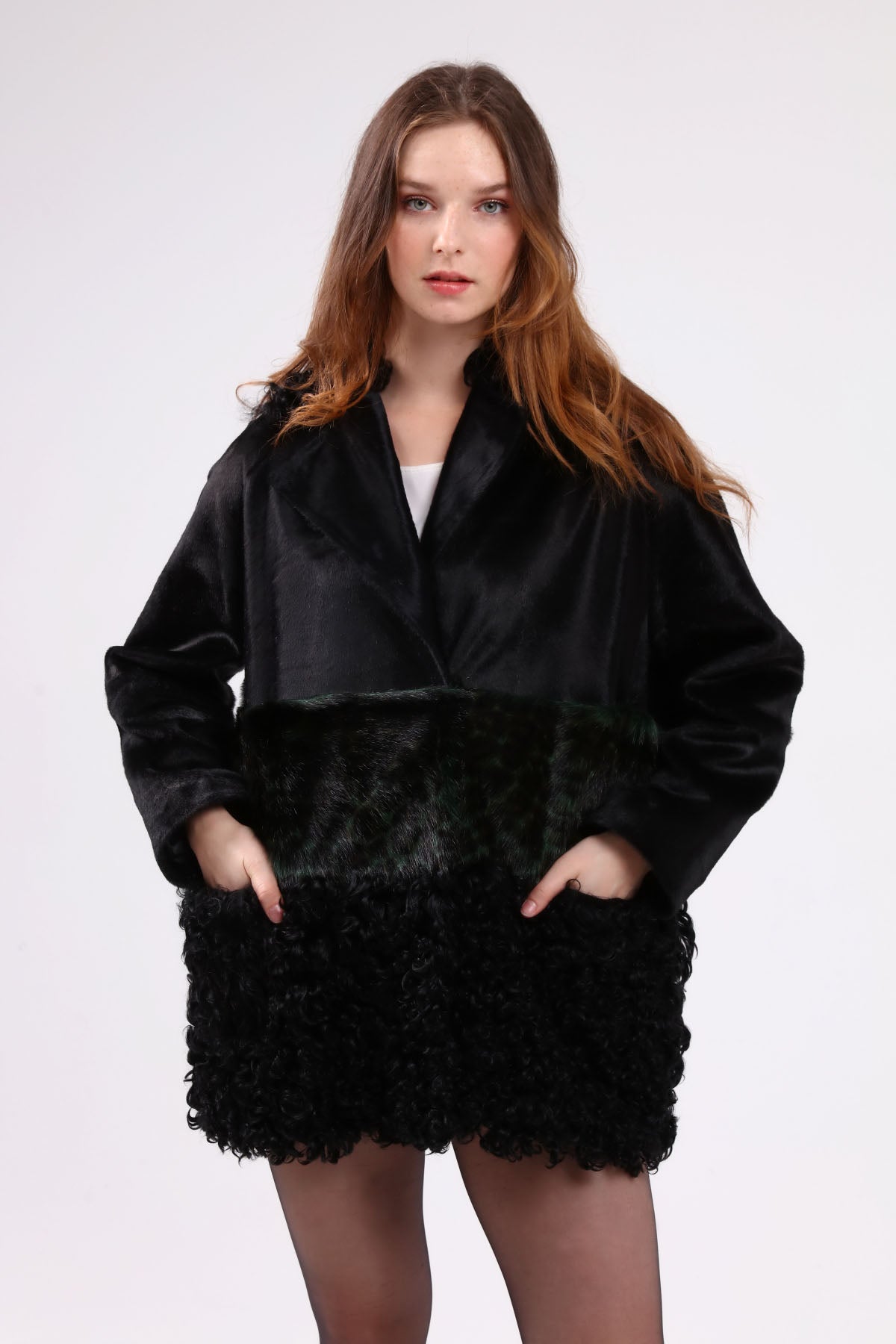 Siyah Kadın Baskılı Deri Kaban - LEATINN LEATHER WEAR