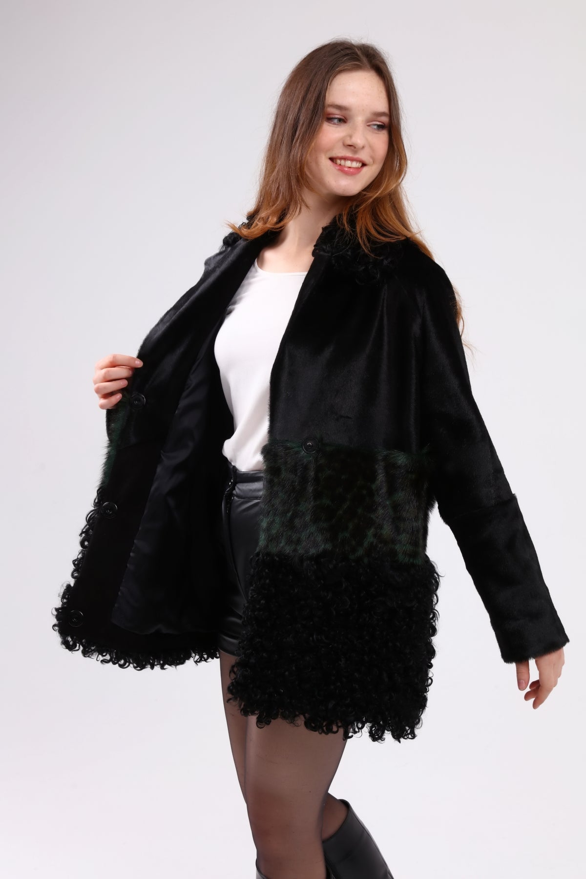 Siyah Kadın Baskılı Deri Kaban - LEATINN LEATHER WEAR