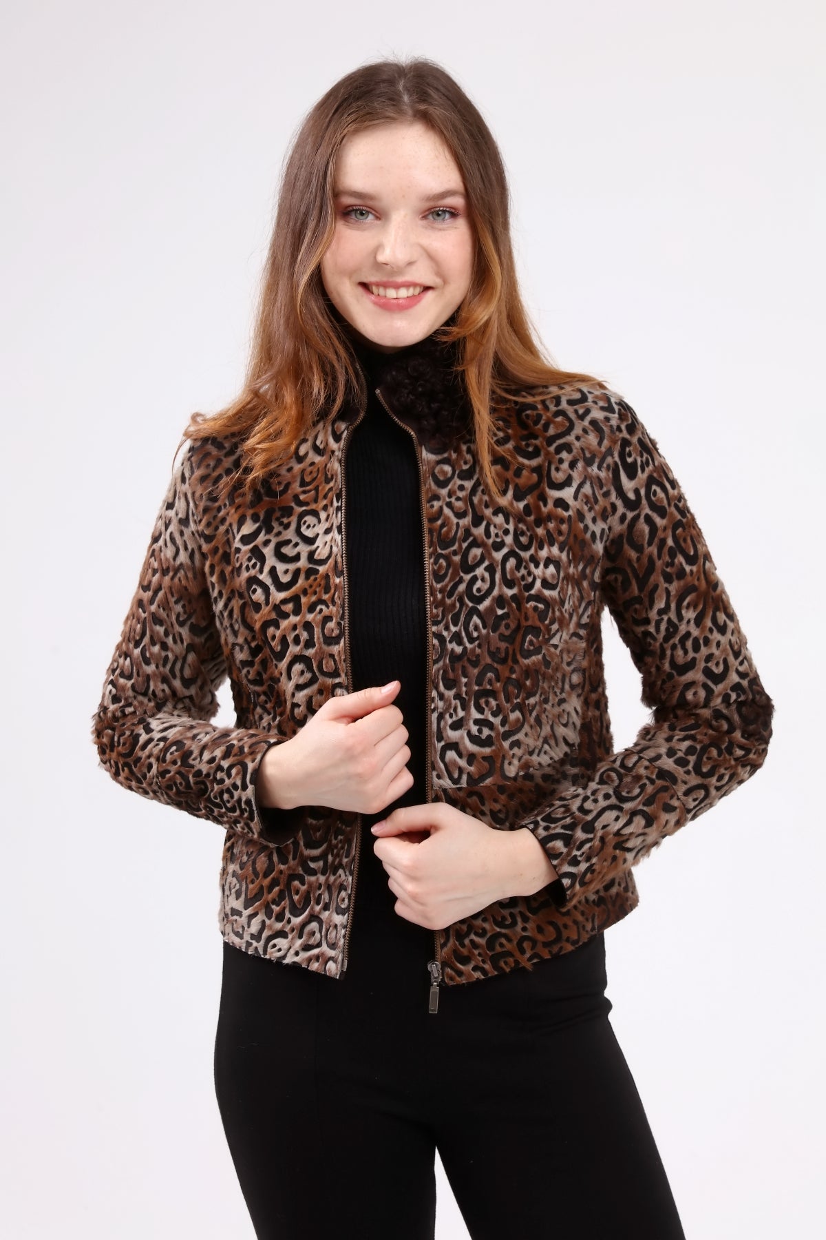Kahverengi Kadın Leopar Desenli Deri Ceket - LEATINN LEATHER WEAR